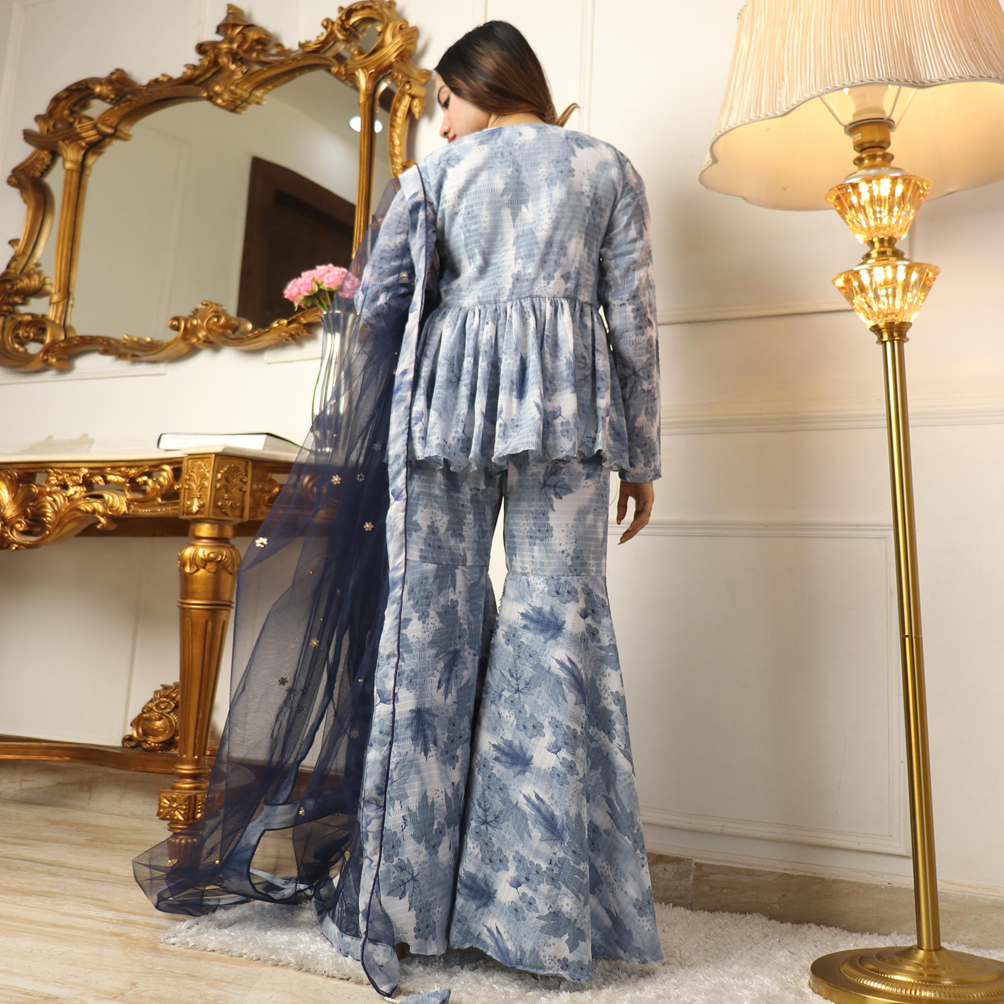 Grey Floral Printed Georgette Sharara Suit