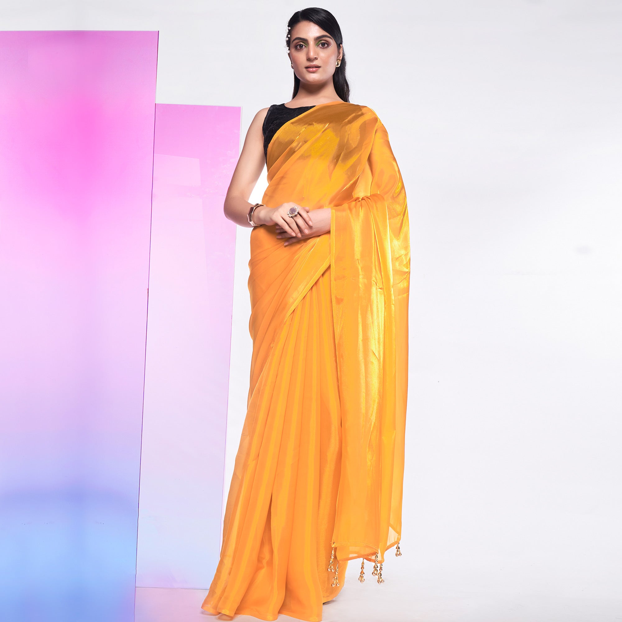 Mustard Solid Organza Saree With Tassels