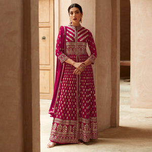 Pink Sequins Embroidered Georgette Palazzo Suit