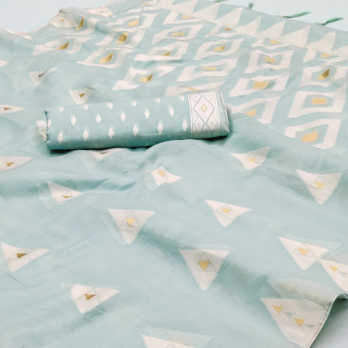 Light Blue Woven Cotton Saree With Tassels