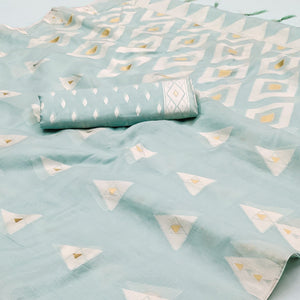 Light Blue Woven Cotton Saree With Tassels