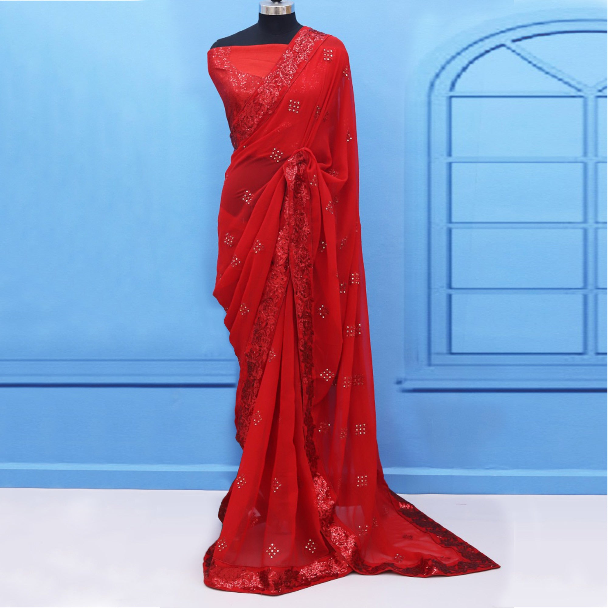 Red Sequins Emroidered Georgette Saree