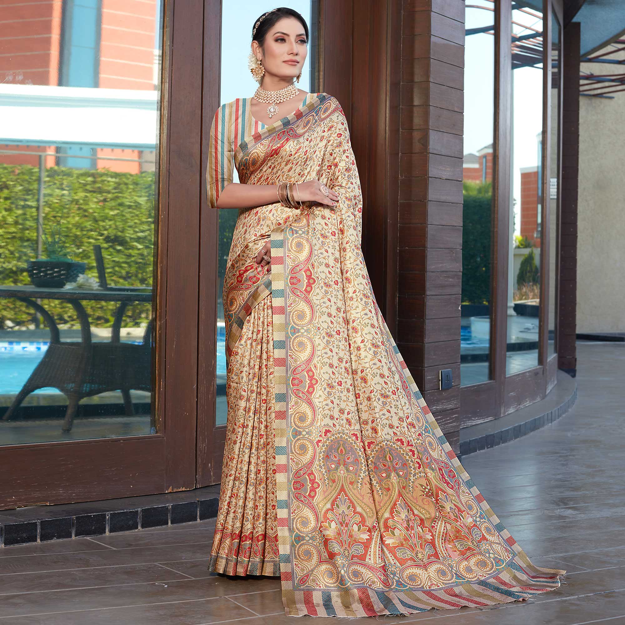 Cream Digital Printed Pashmina Saree