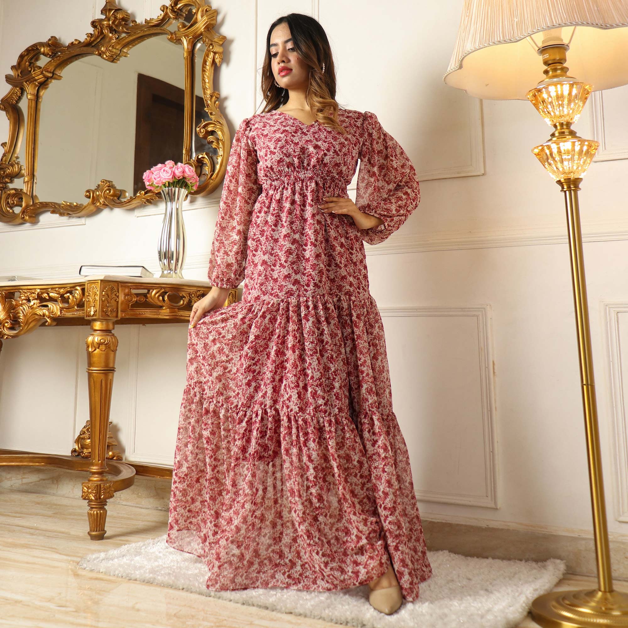 Maroon Printed Georgette Gown