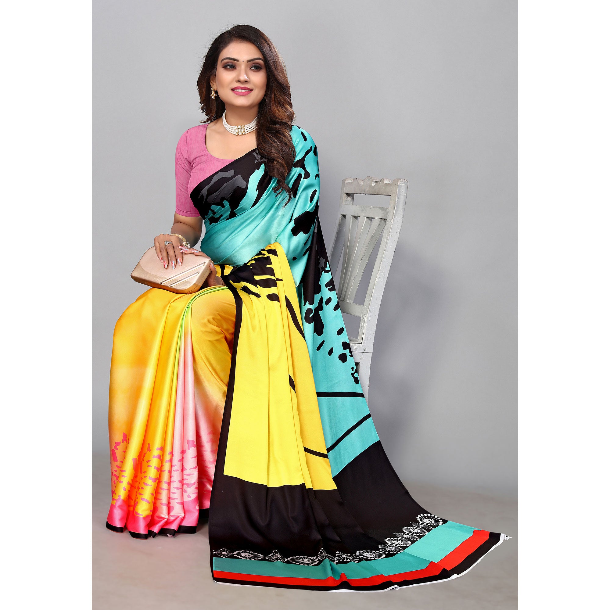 Multicolored Digital Printed Satin Saree