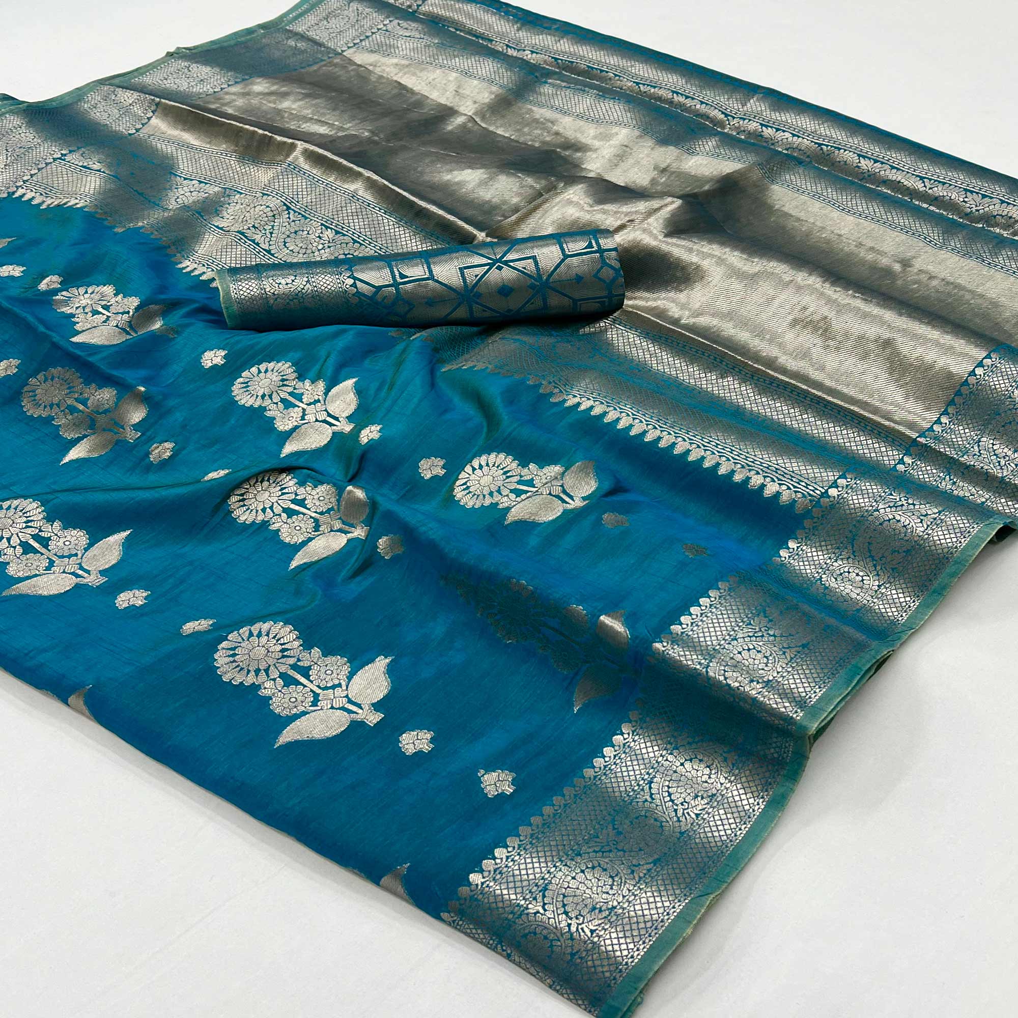 Blue Floral Woven Organza Saree