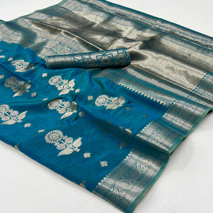 Blue Floral Woven Organza Saree