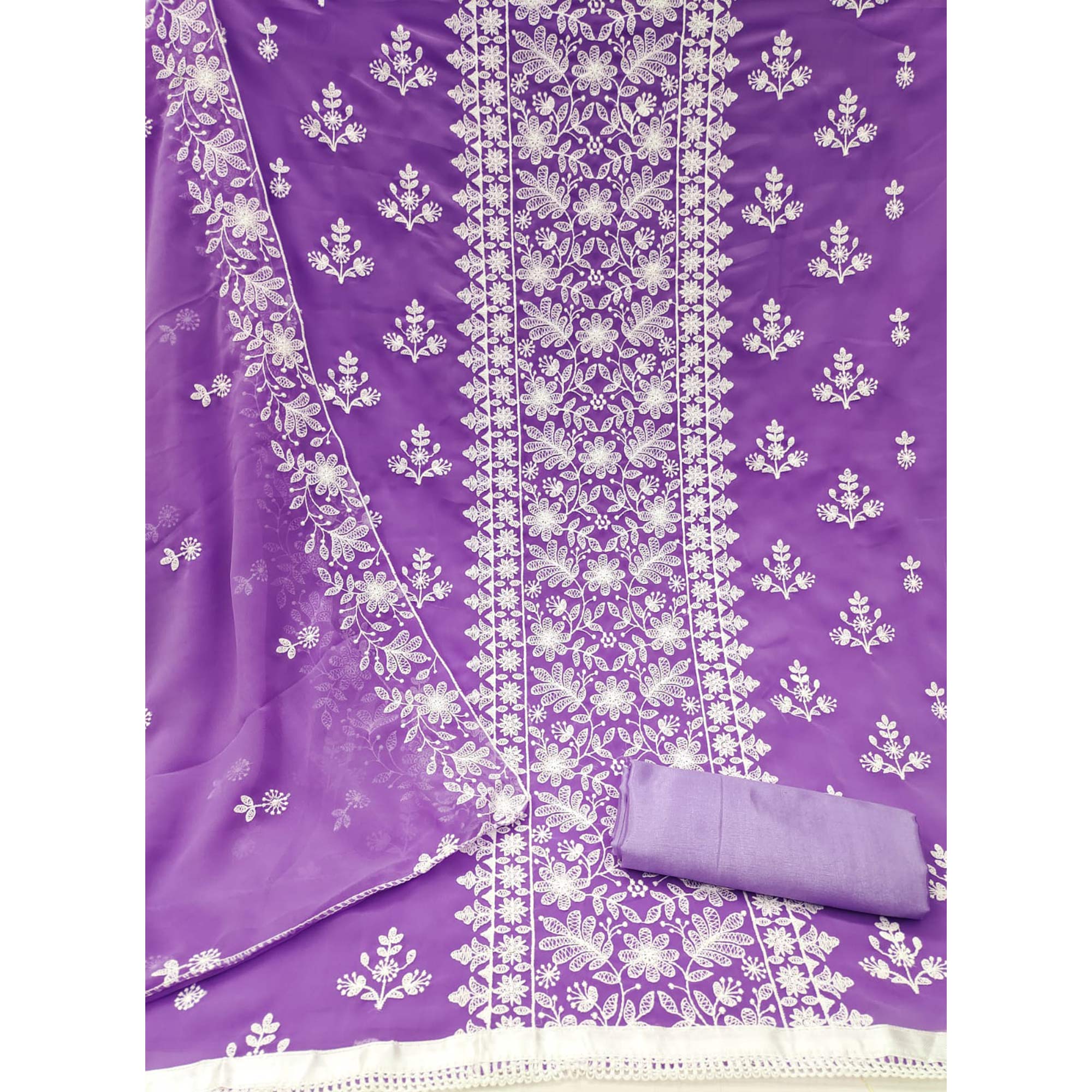 Lavender Floral Embroidered Georgette Dress Material