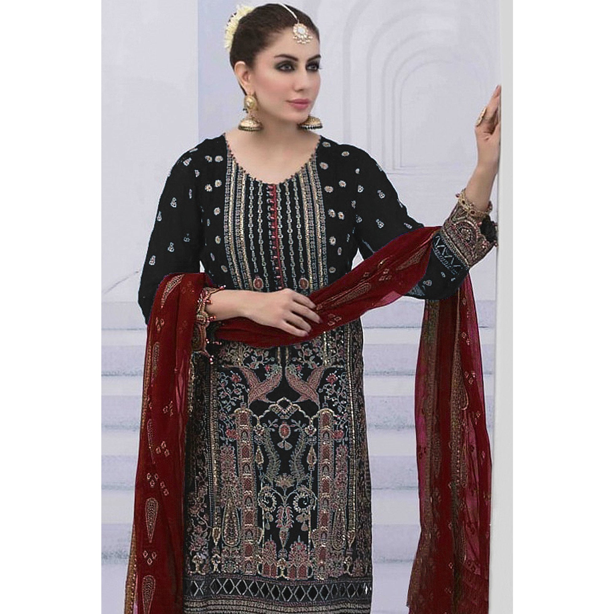 Black Embroidered Georgette Semi Stitched Pakistani Suit