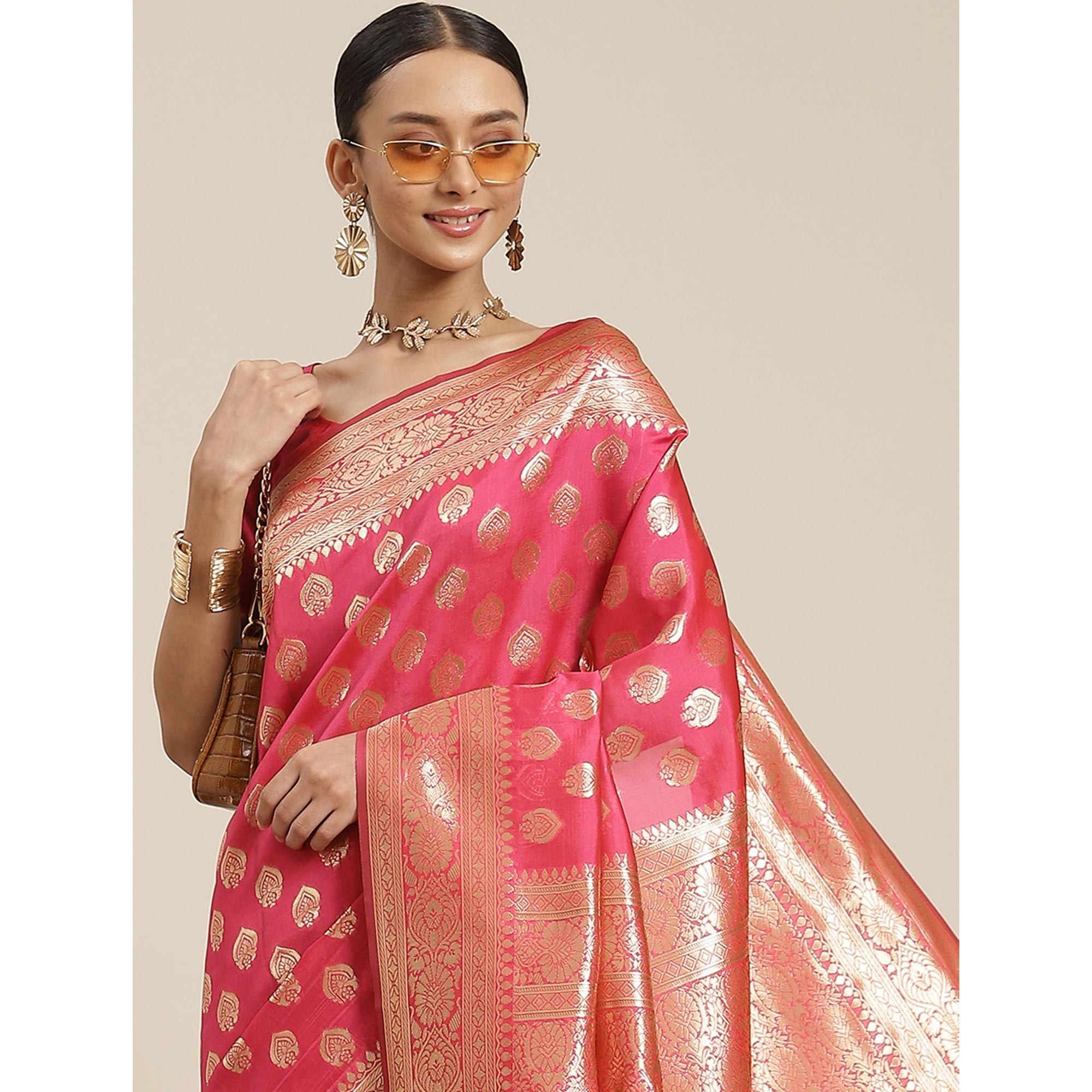 Pink Woven Banarasi Silk Saree