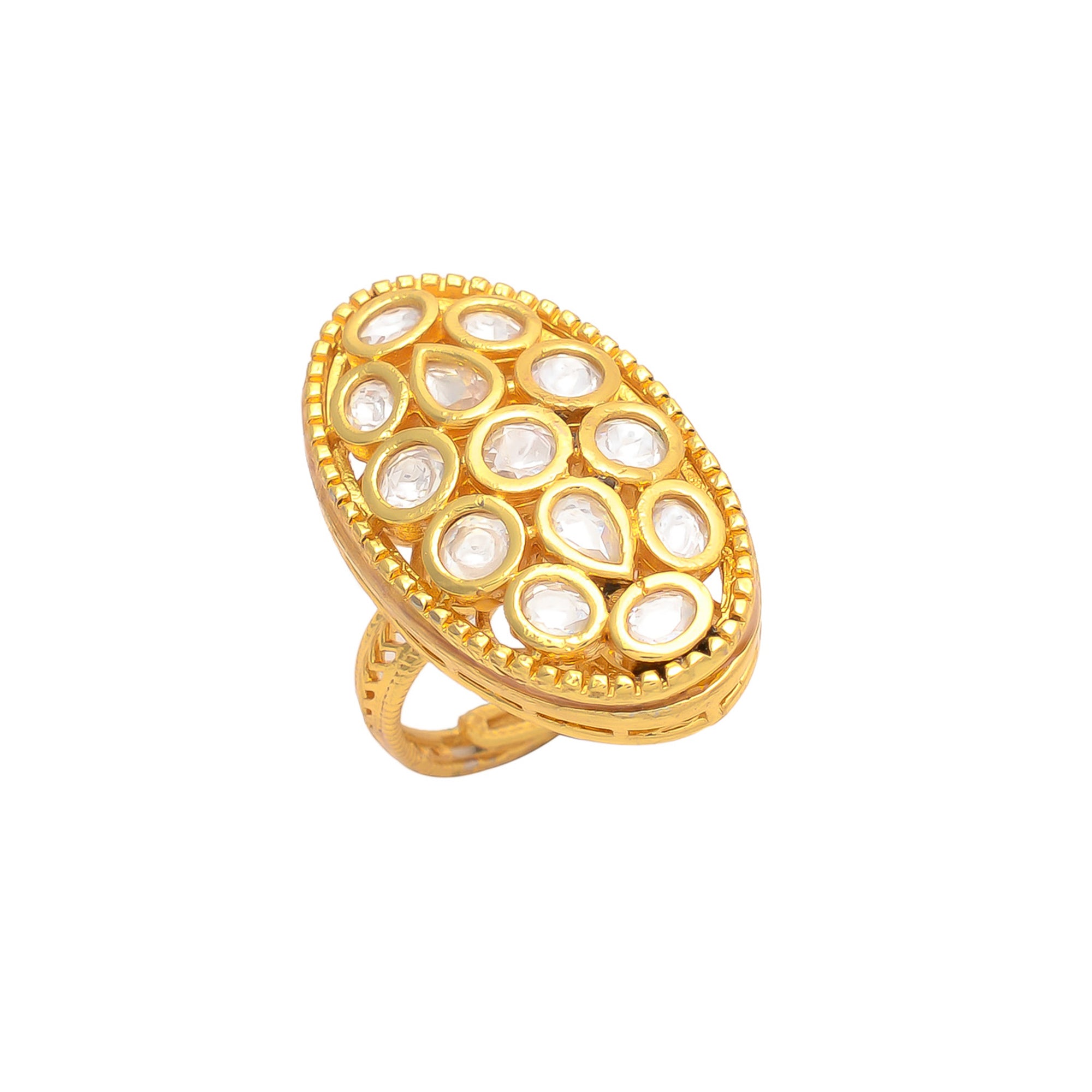 Gold Polish Kundan Meena Pearl Adjustable Ring