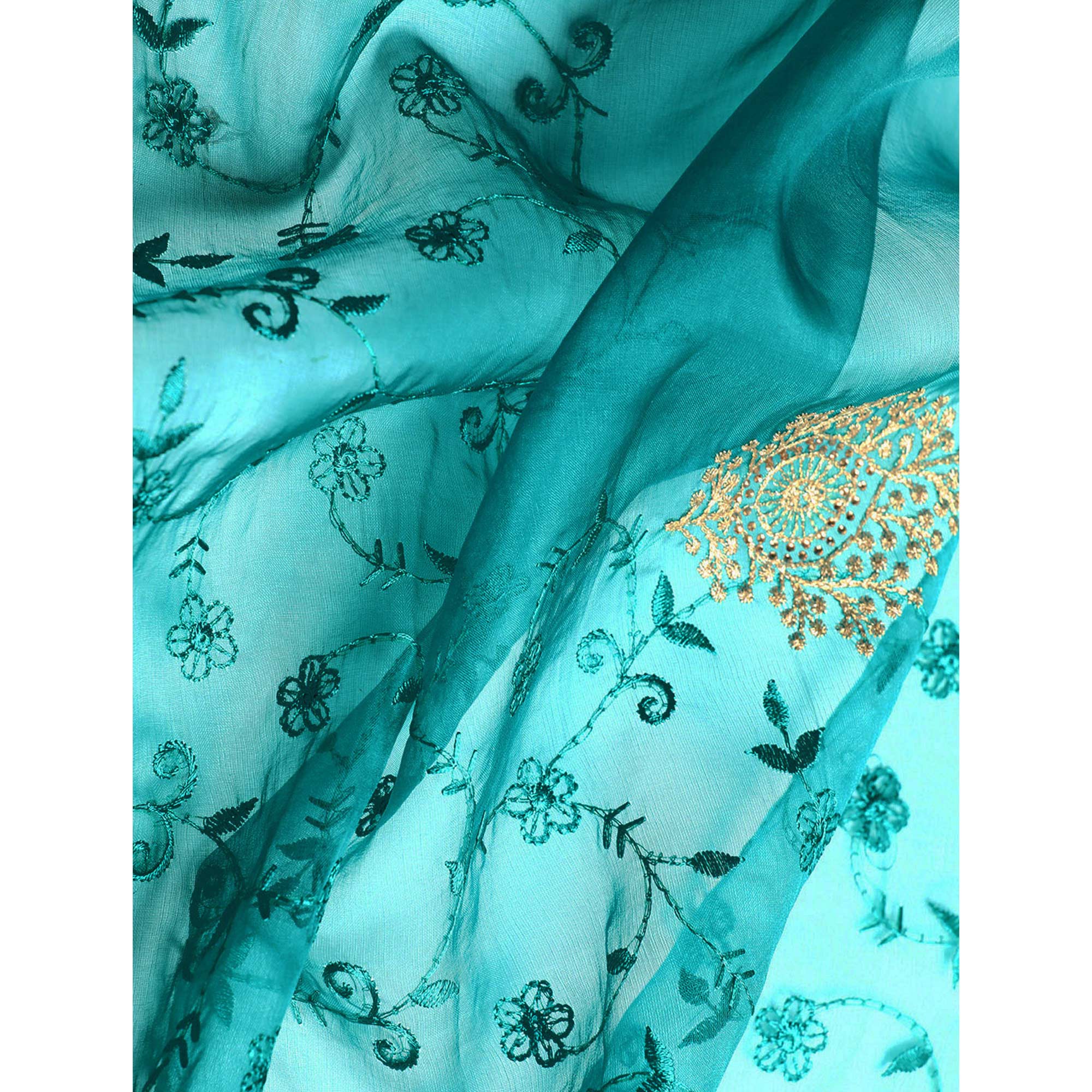 Blue Floral Embroidered Organza Saree