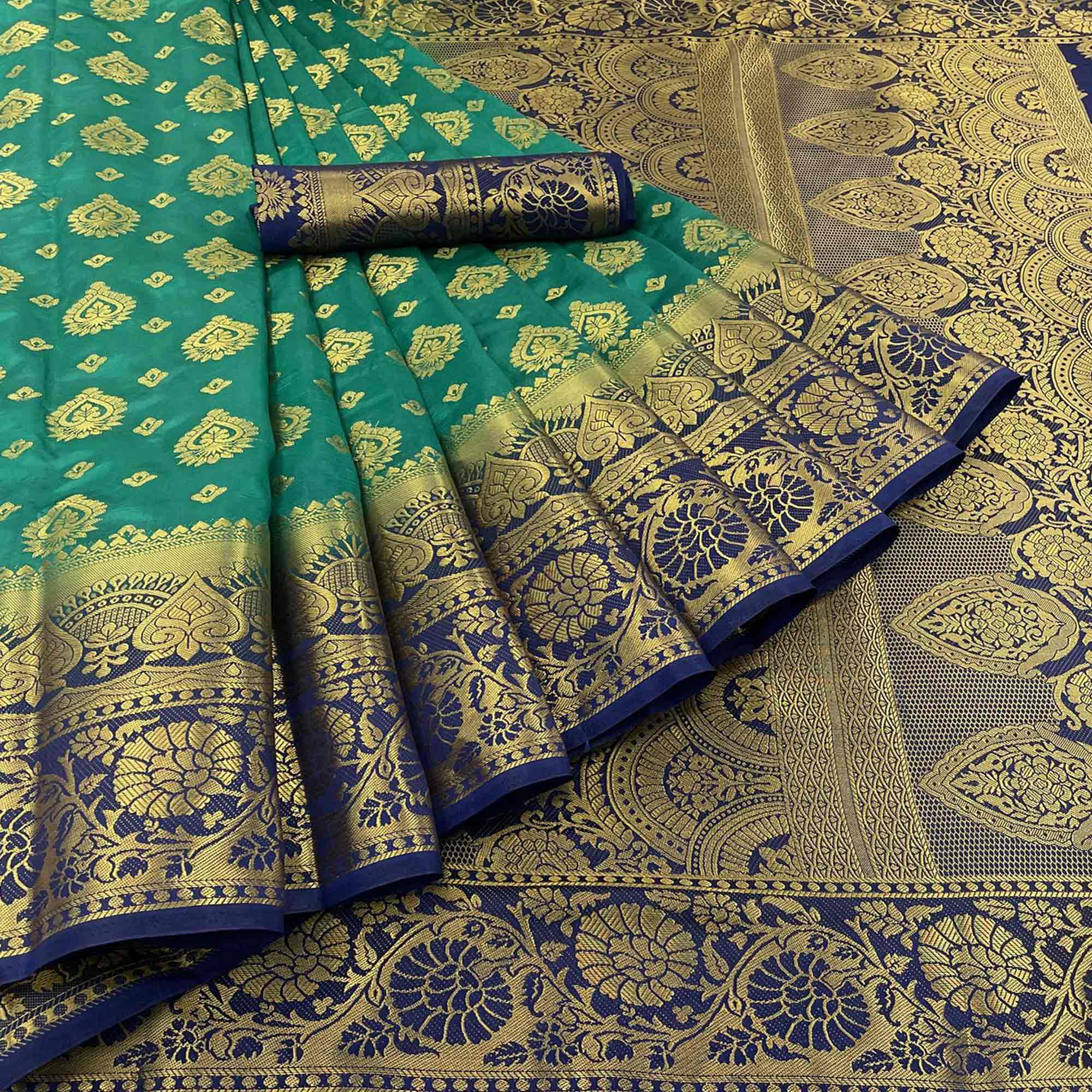 Rama Green Woven Banarasi Silk Saree