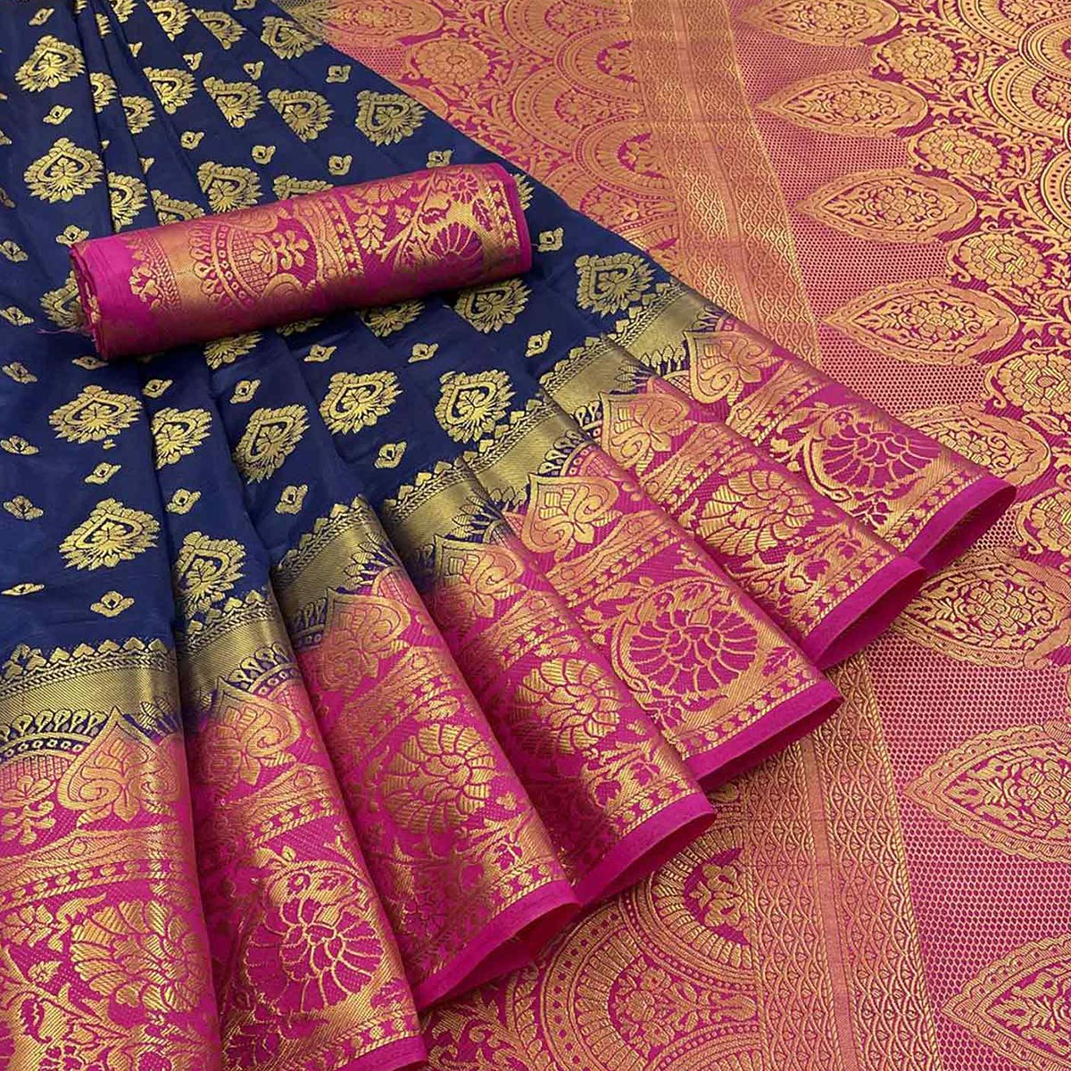 Navy Blue Woven Banarasi Silk Saree