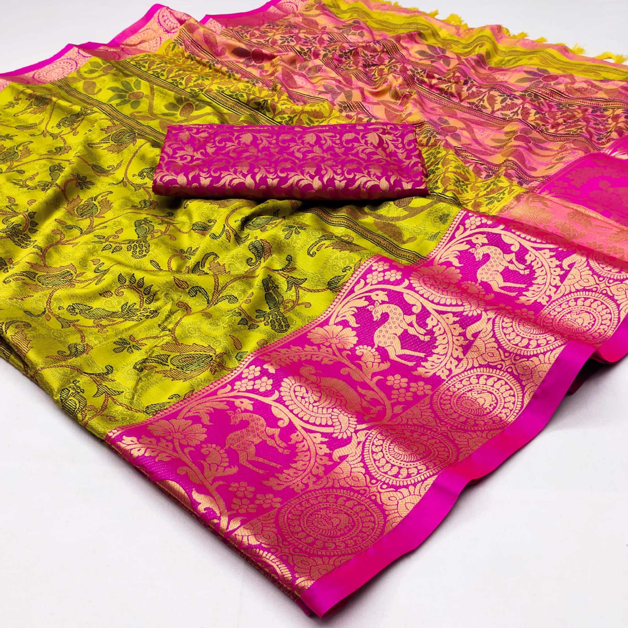 Lemon Green Printed With Woven Border Cotton Silk Saree