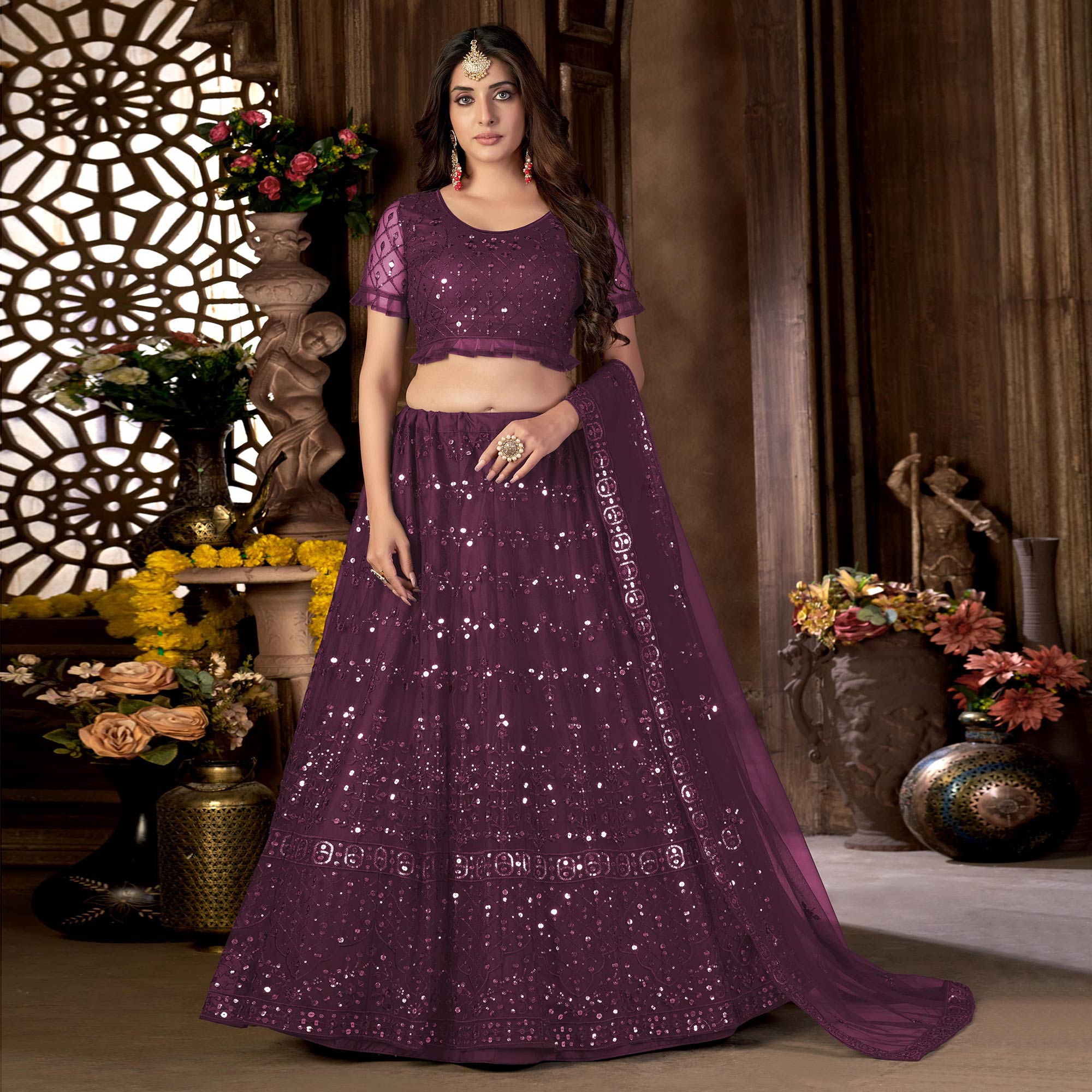 Purple Sequins Embroidered Net Lehenga Choli