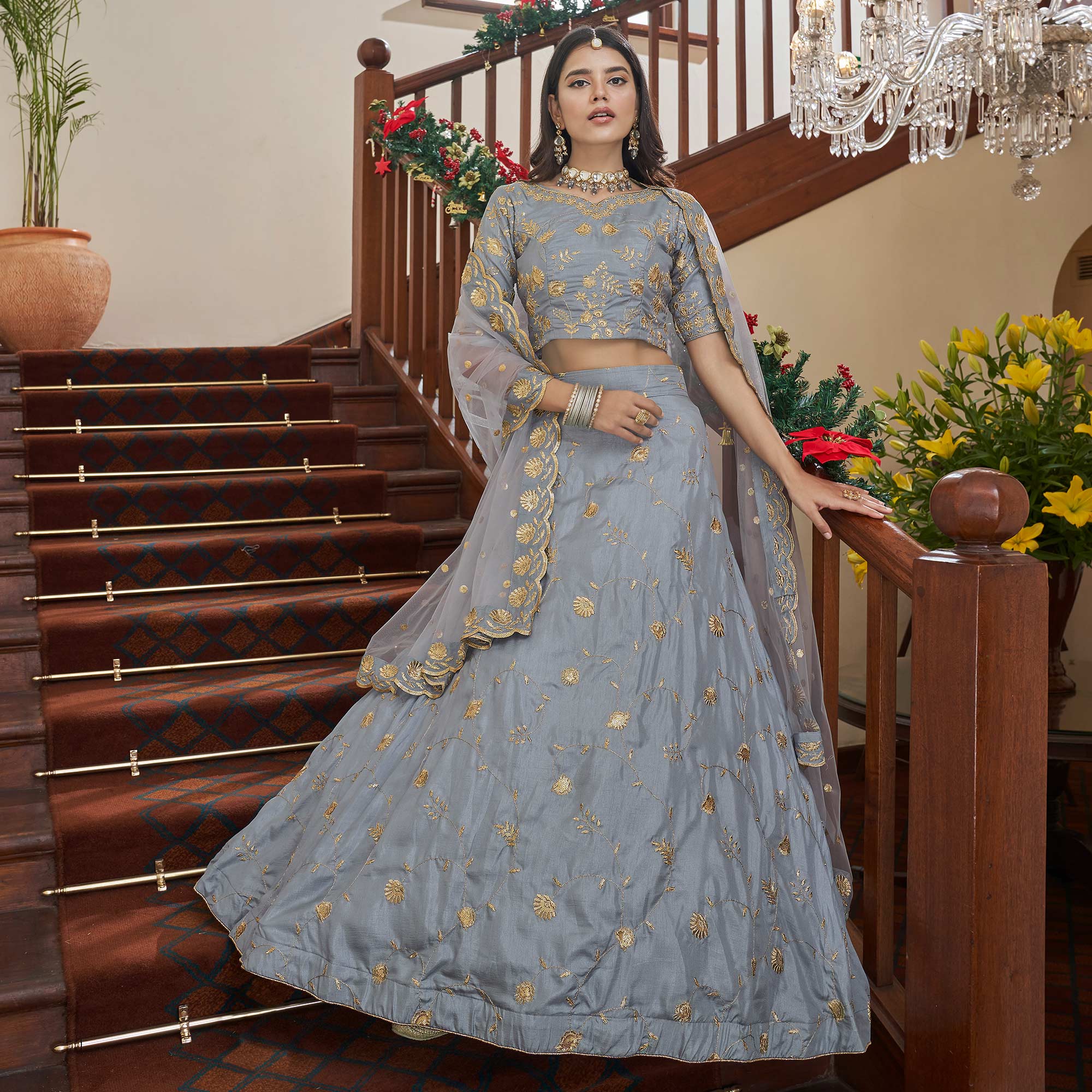 Grey Sequins Embroidered Art Silk Lehenga Choli