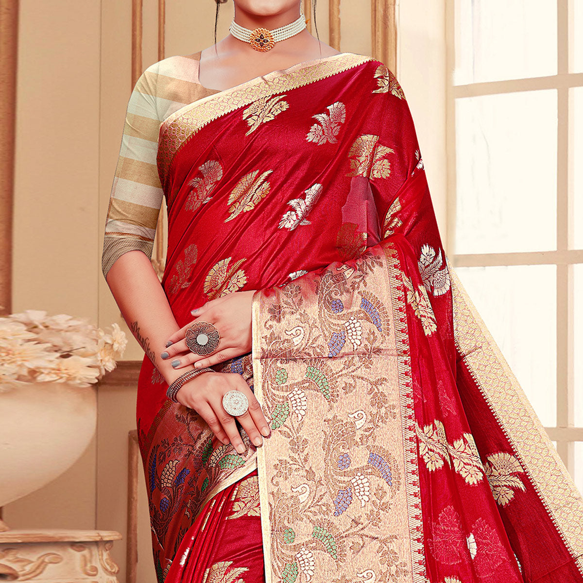 Red Floral Woven Organza Saree With Tassels