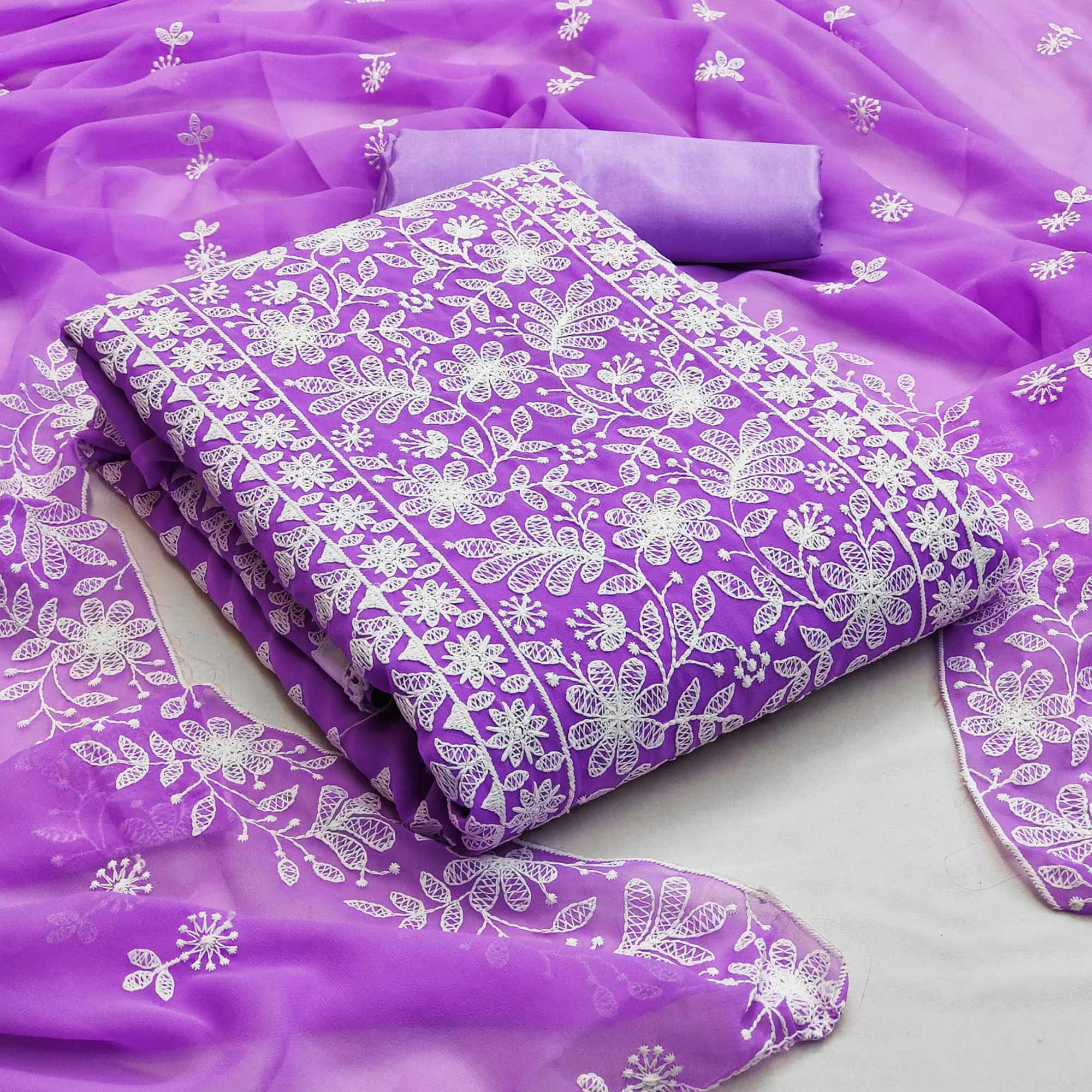 Lavender Floral Embroidered Georgette Dress Material