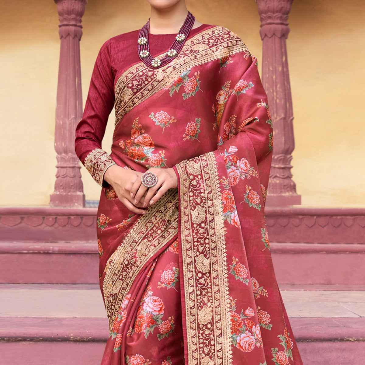 Red Floral Printed With Embroidered Organza Saree