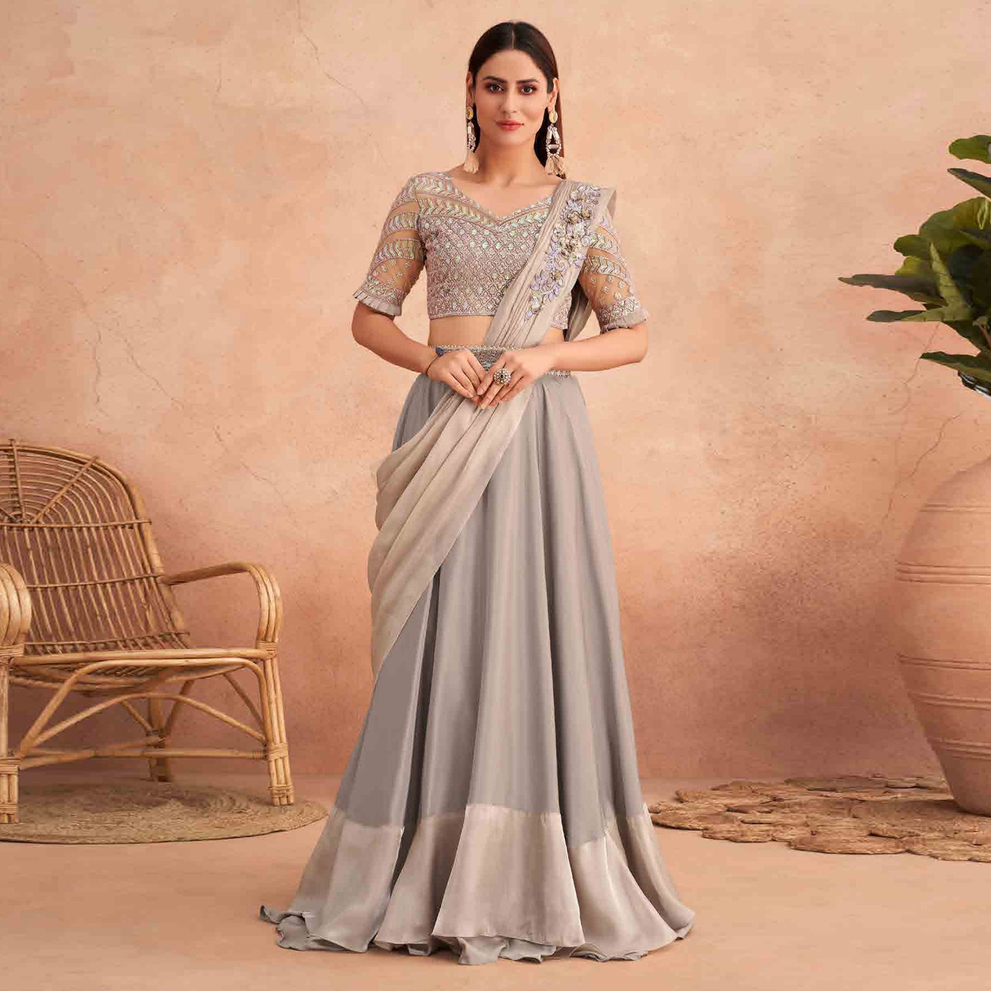 Light Grey Sequins Embroidered Ready to Wear Art Silk Saree
