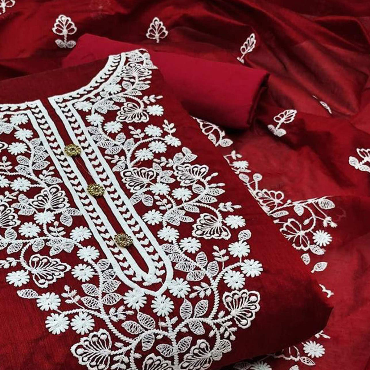 Maroon Floral Embroidered Modal Dress Material