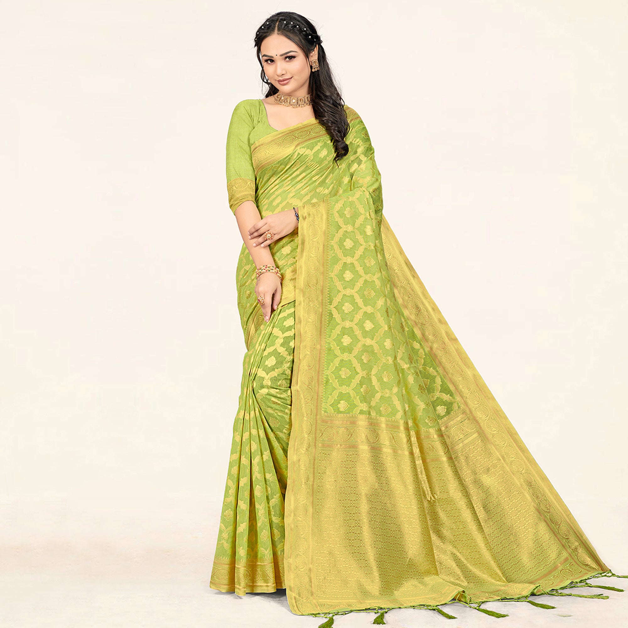Pista Green Woven Cotton Saree With Tassels