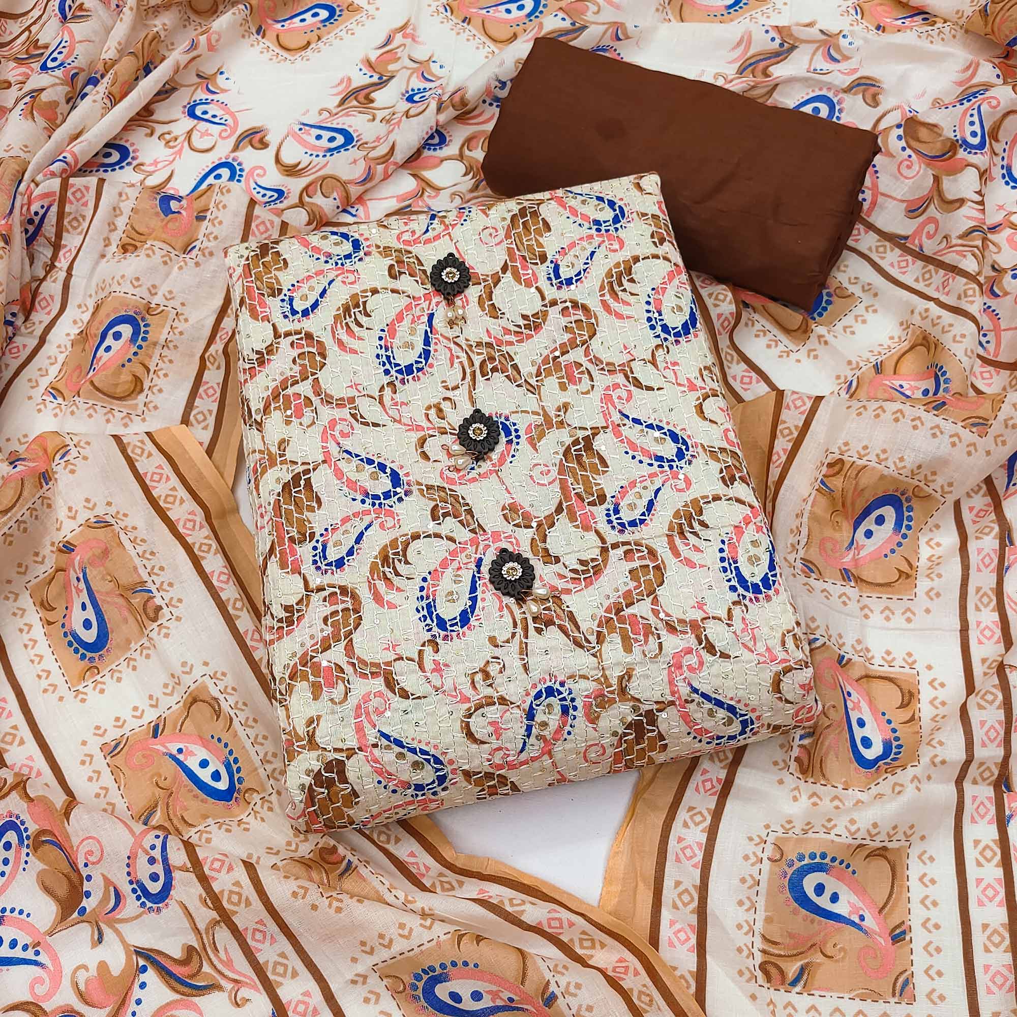 Cream-Blue Printed & Embroidered Pure Cotton Dress Material