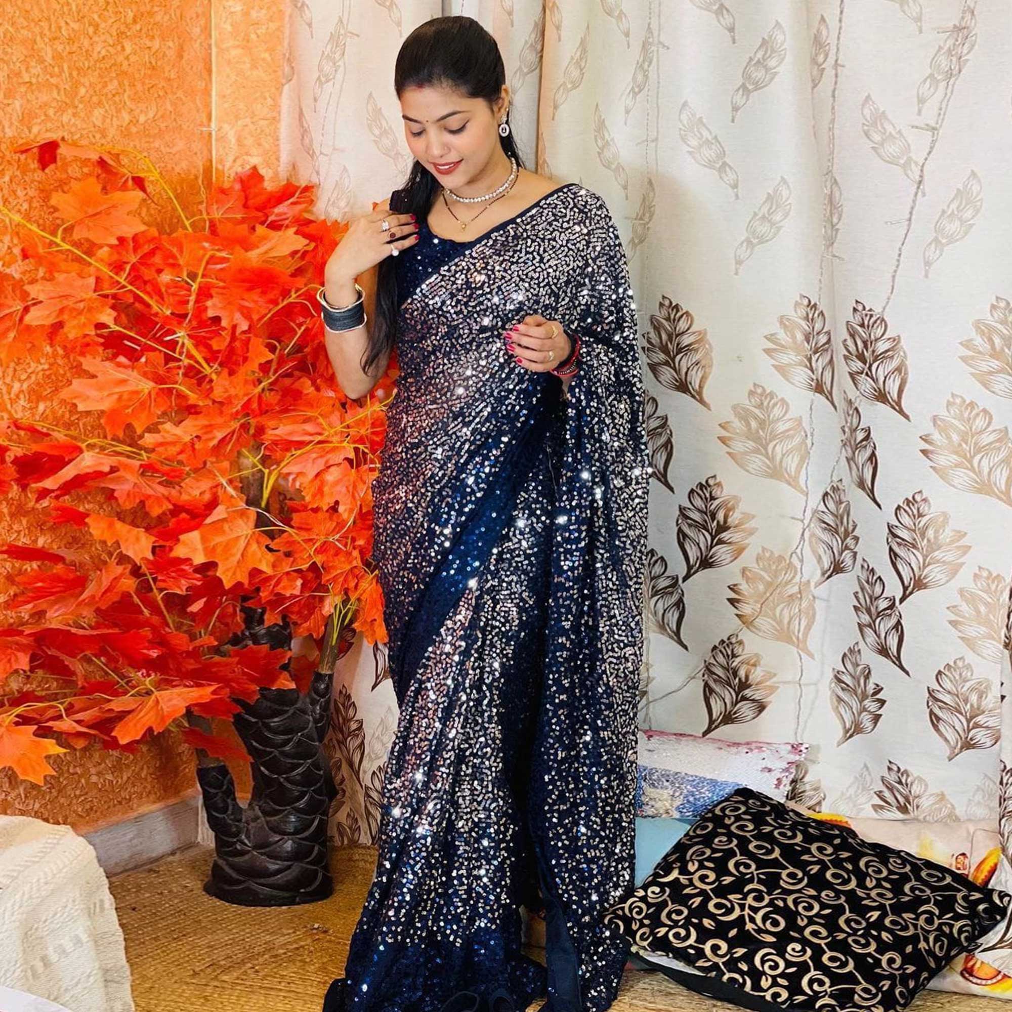 Blue Sequins Embroidered Georgette Saree