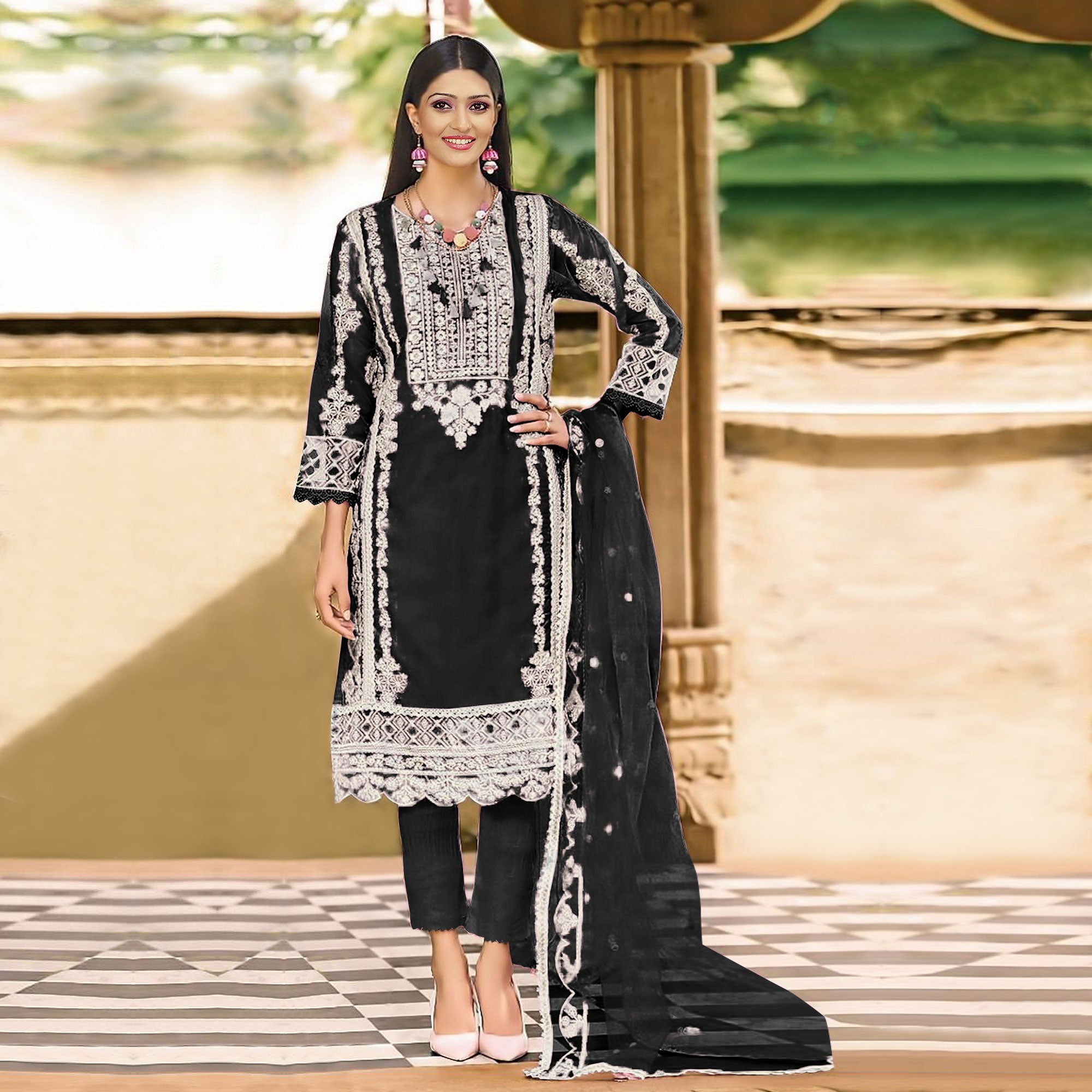 Black Floral Embroidered Organza Pakistani Suit