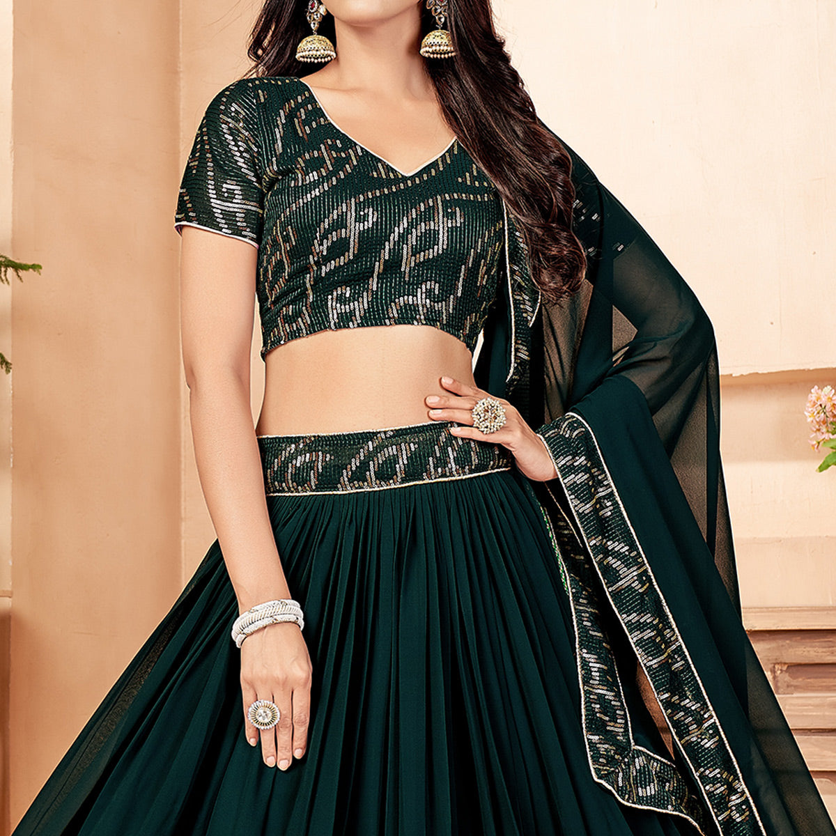 Dark Green Sequins Embroidered Georgette Lehenga Choli