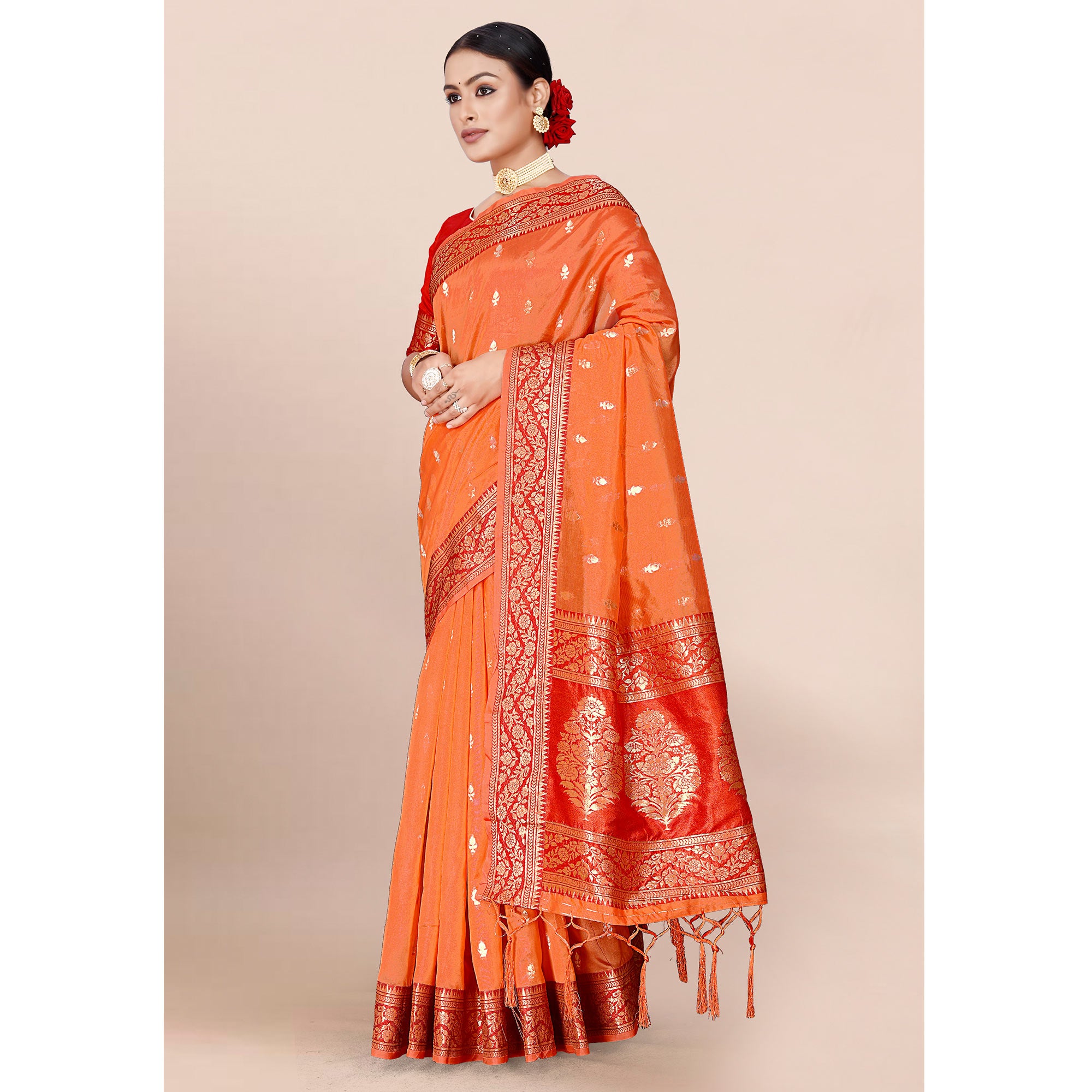 Orange Woven Organza Saree With Tassels