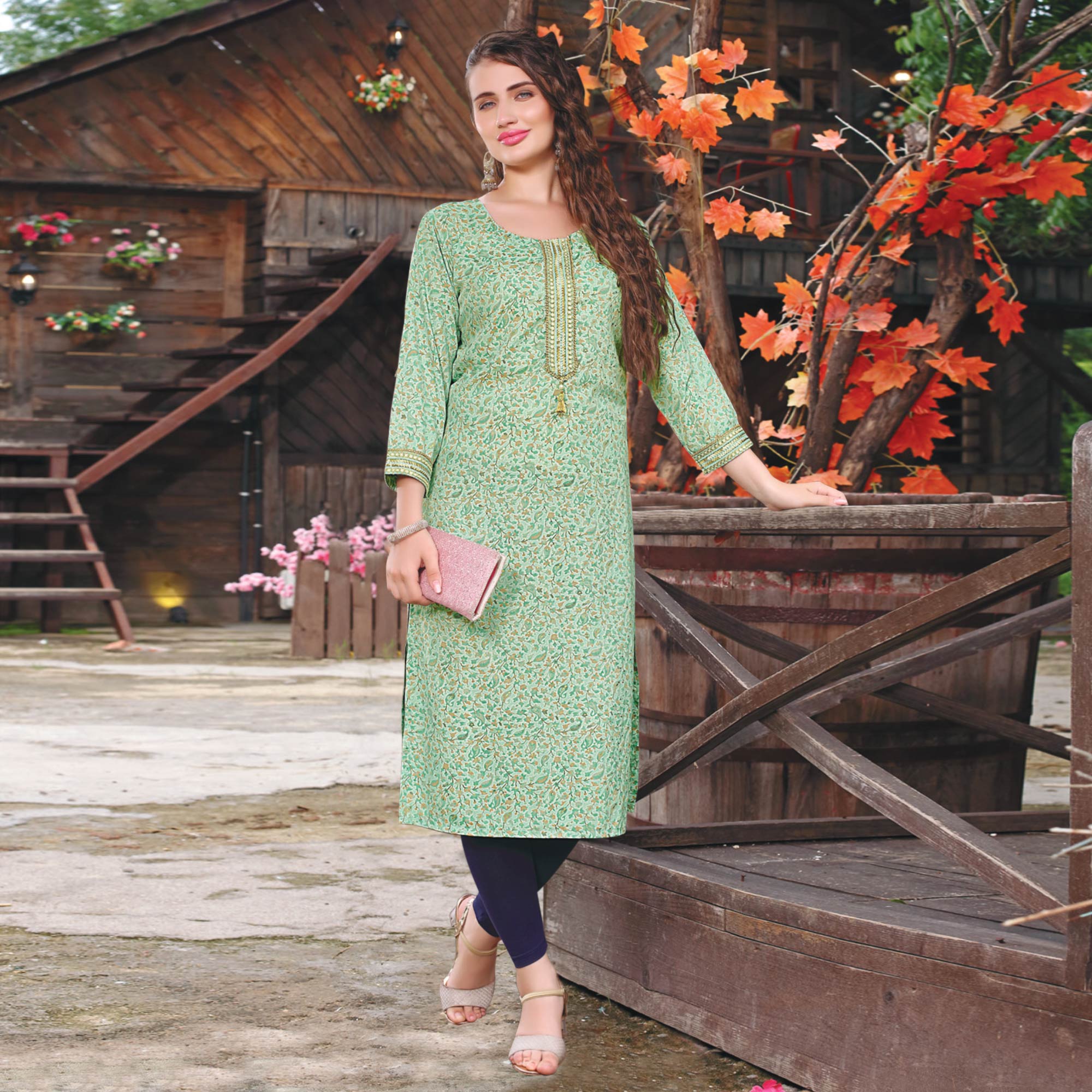 Sea Green Printed Muslin Kurti