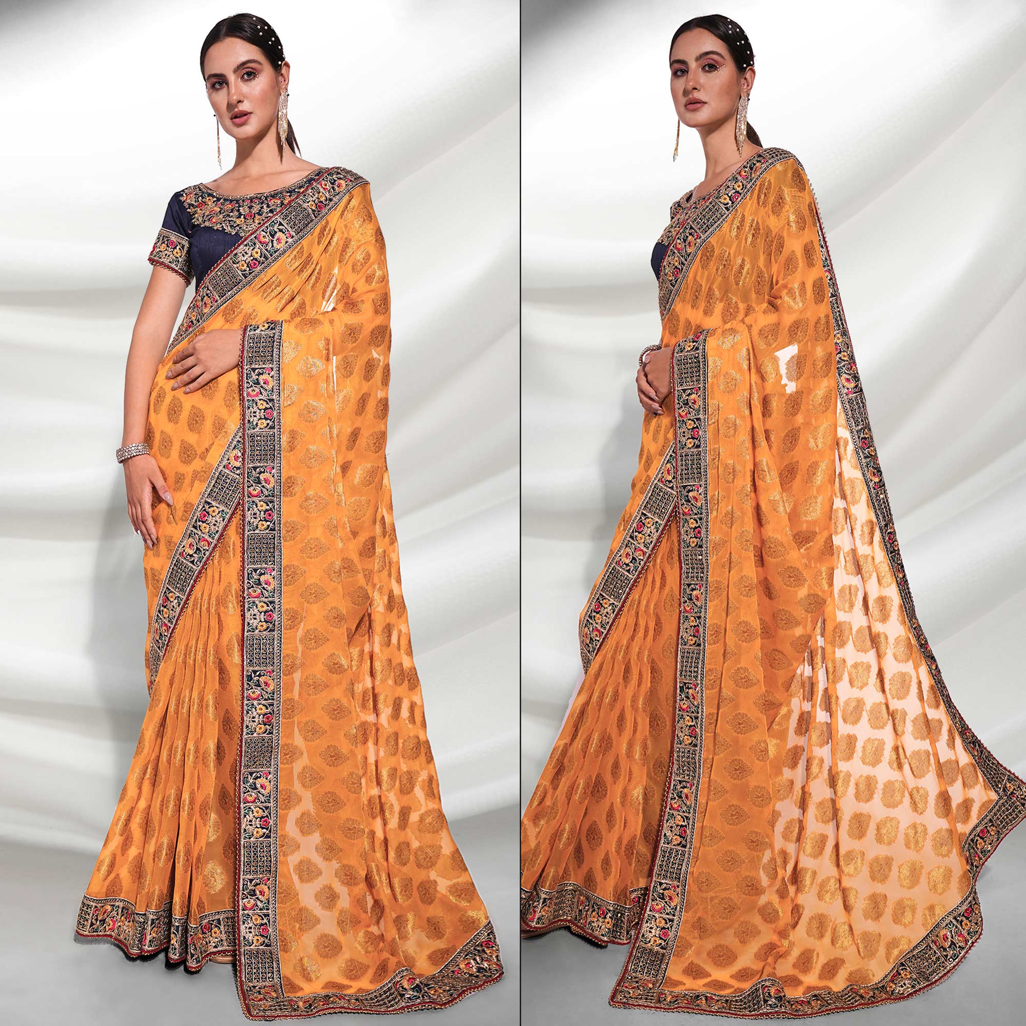 Mustard Woven With Embroidered Border Viscose Saree