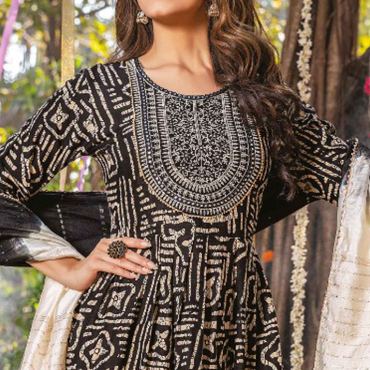 Black Printed Rayon Naira Cut Suit