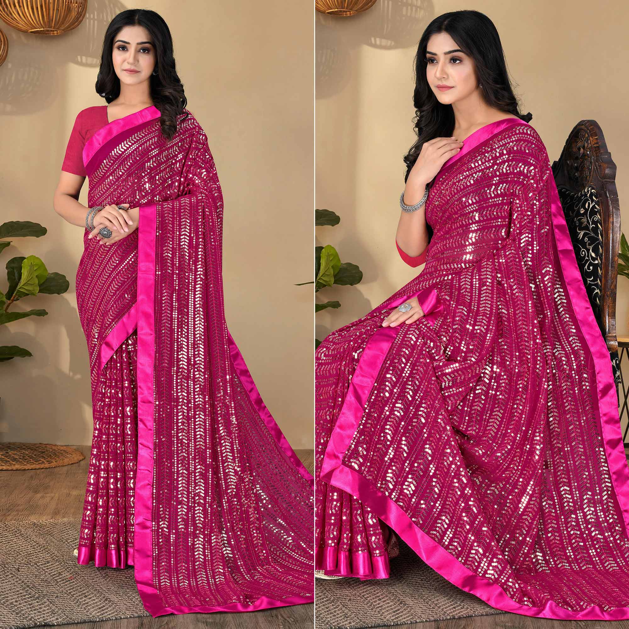 Pink Sequins Embroidered Georgette Saree