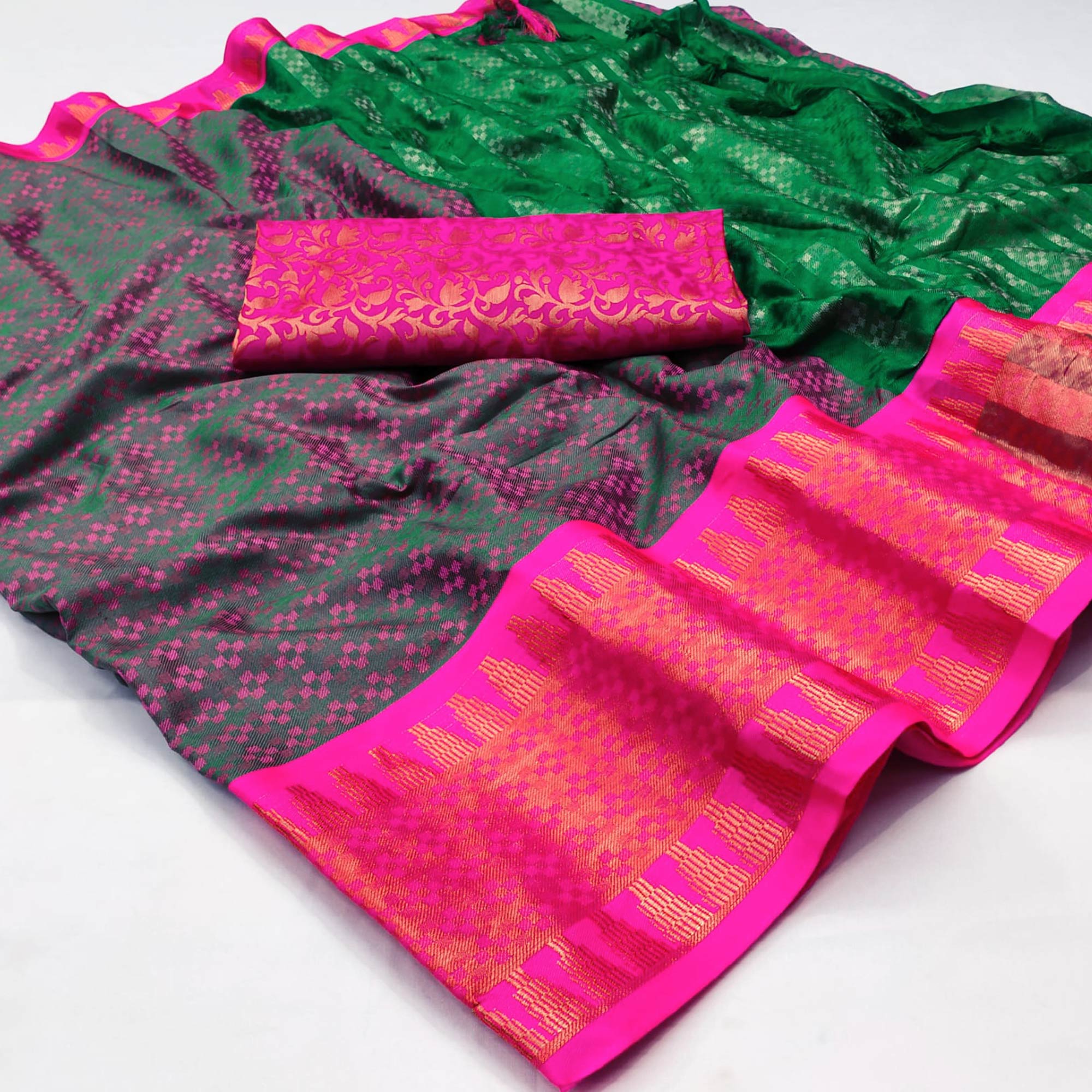 Green Woven Cotton Silk Saree With Tassels