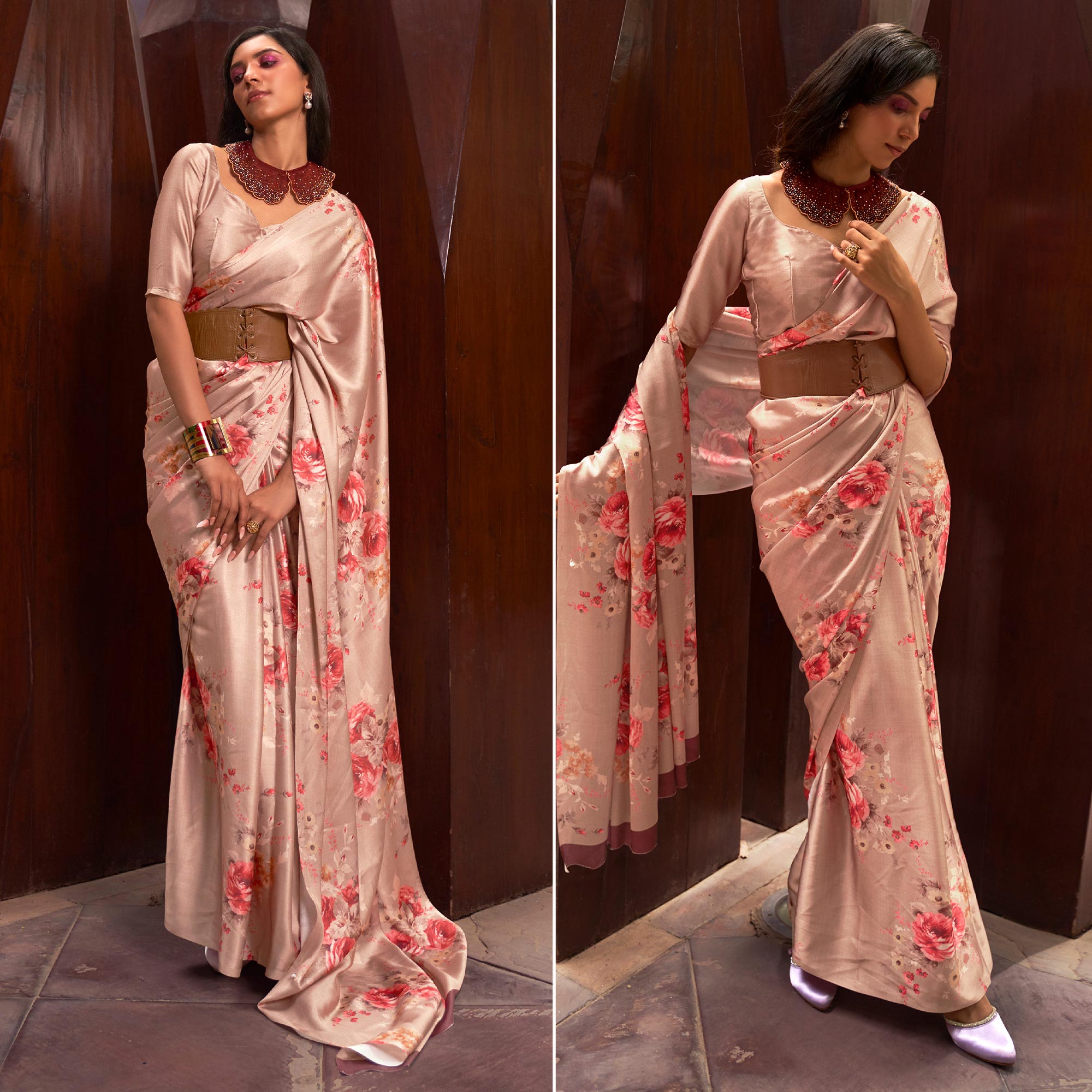 Peach Floral Digital Printed Satin Saree