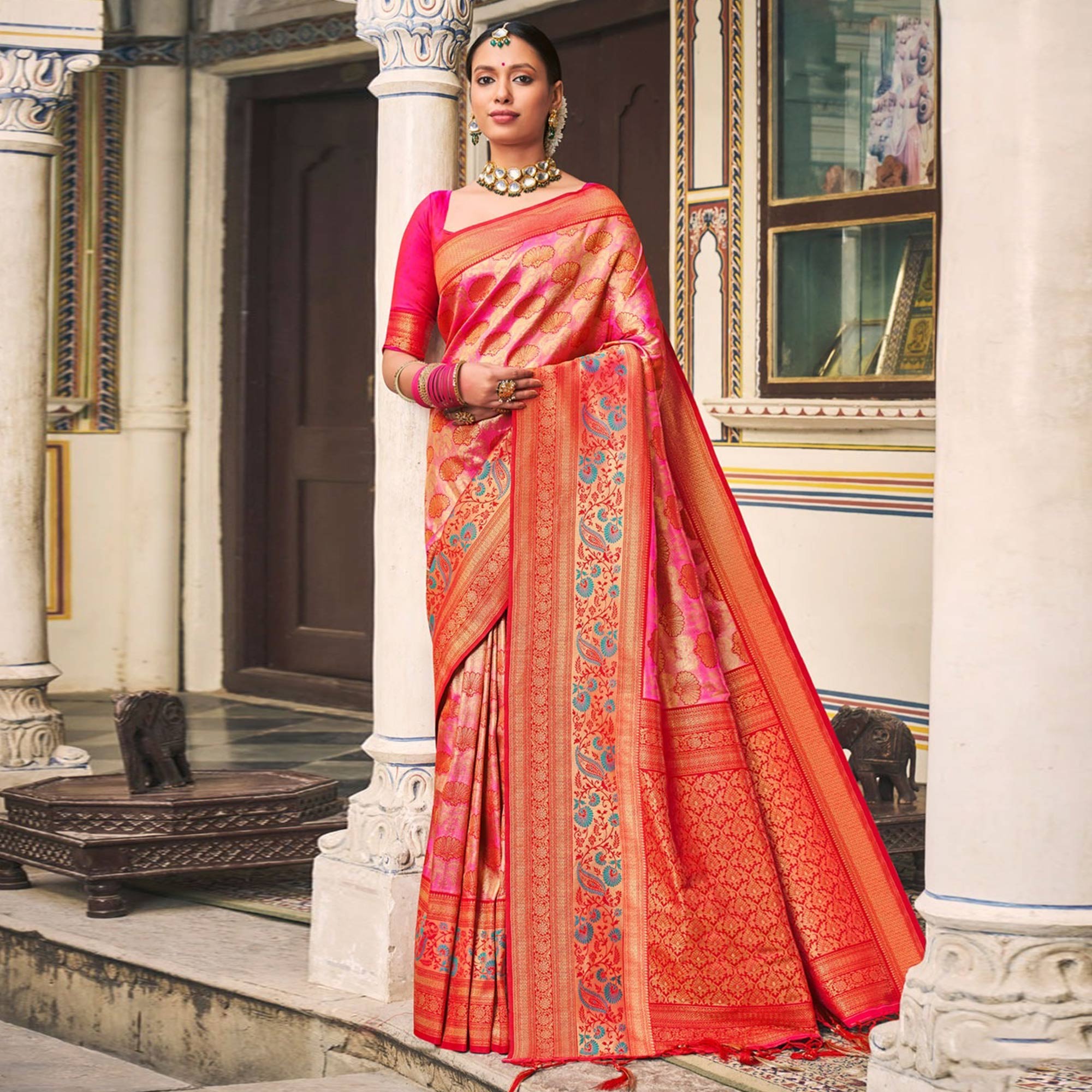 Rose Pink Woven Kanjivaram Silk Saree With Tassels