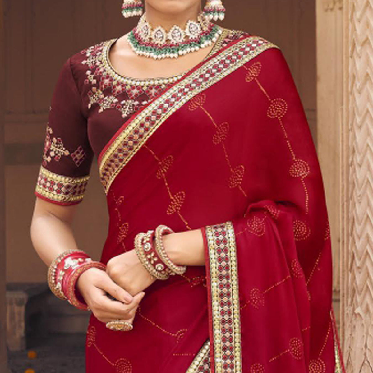 Red Embellished With Embroidered Border Satin Saree