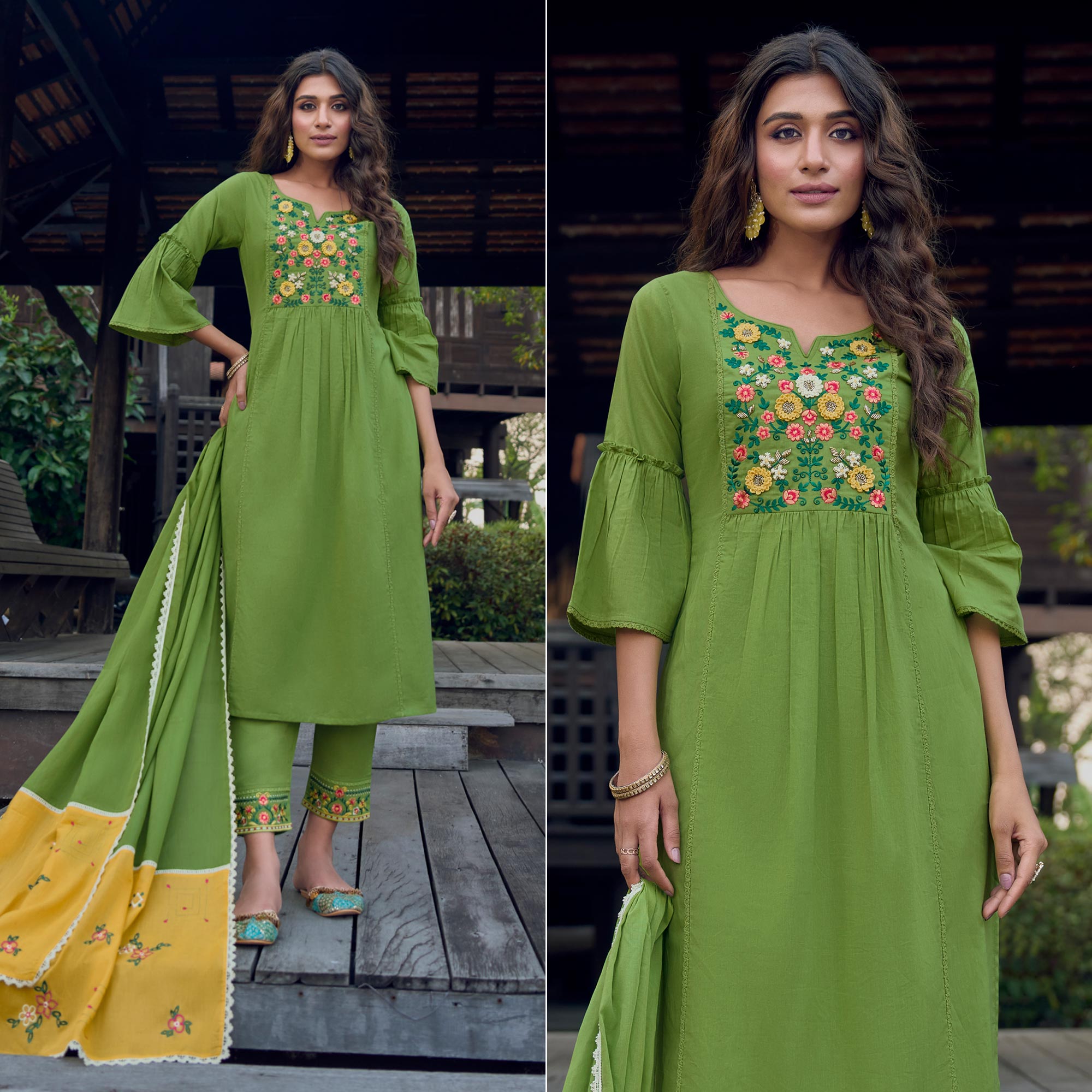 Green Embroidered Pure Cotton Suit