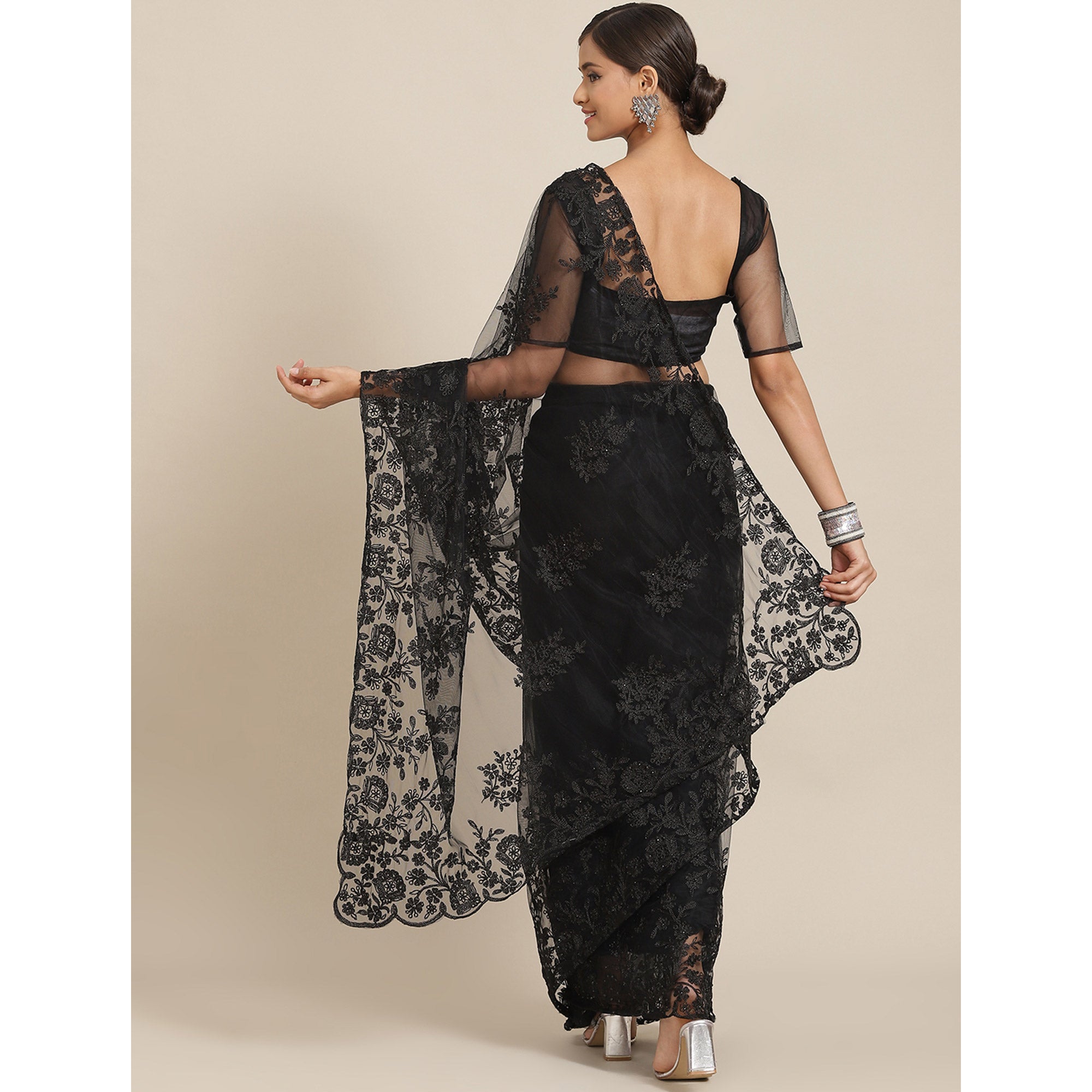 Black Floral Embroidered Net Saree