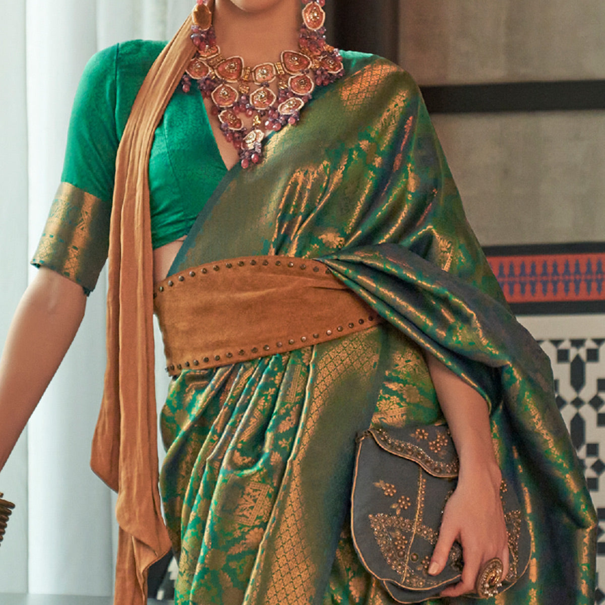 Green Woven Art Silk Saree With Tassels