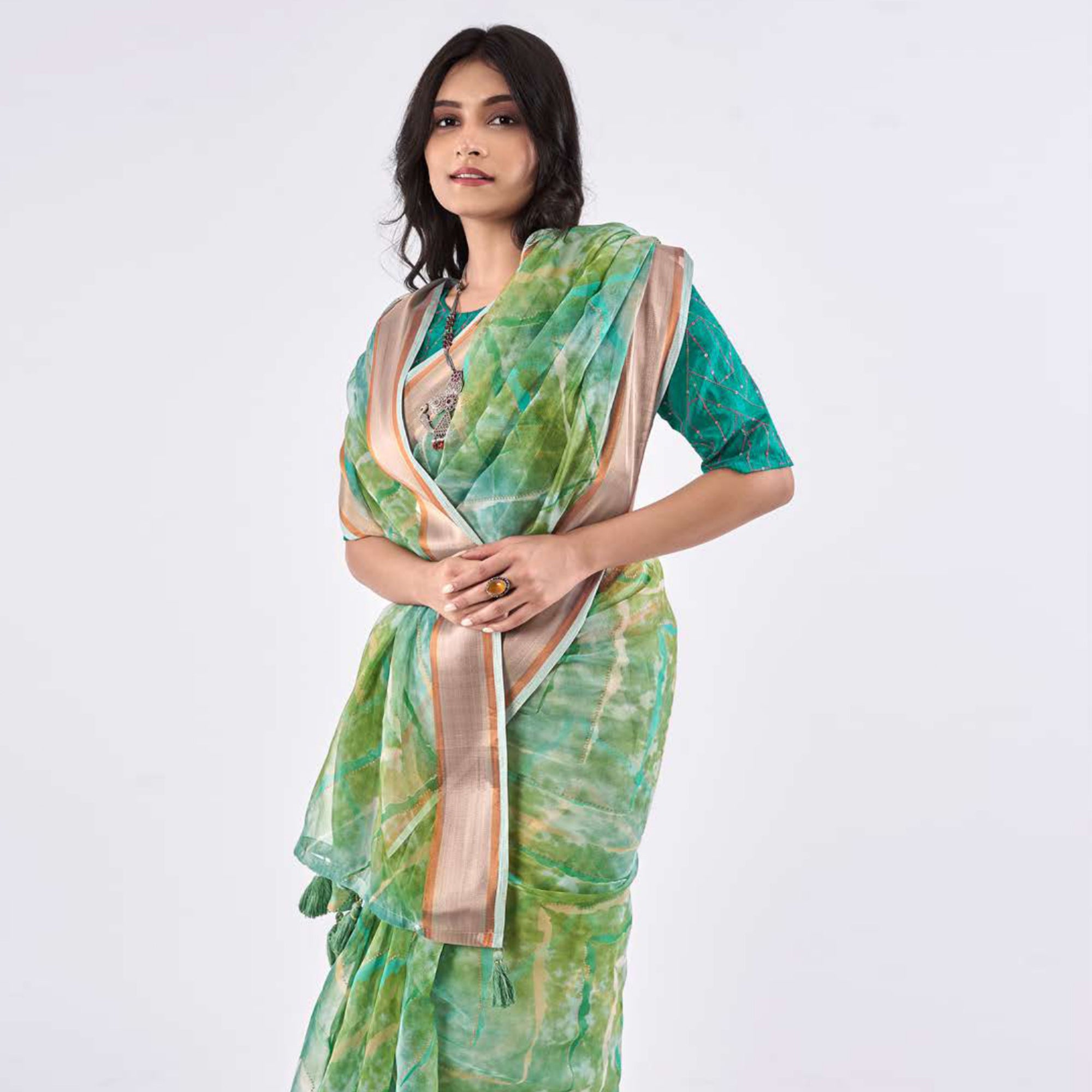 Green Printed Organza Saree With Woven Border