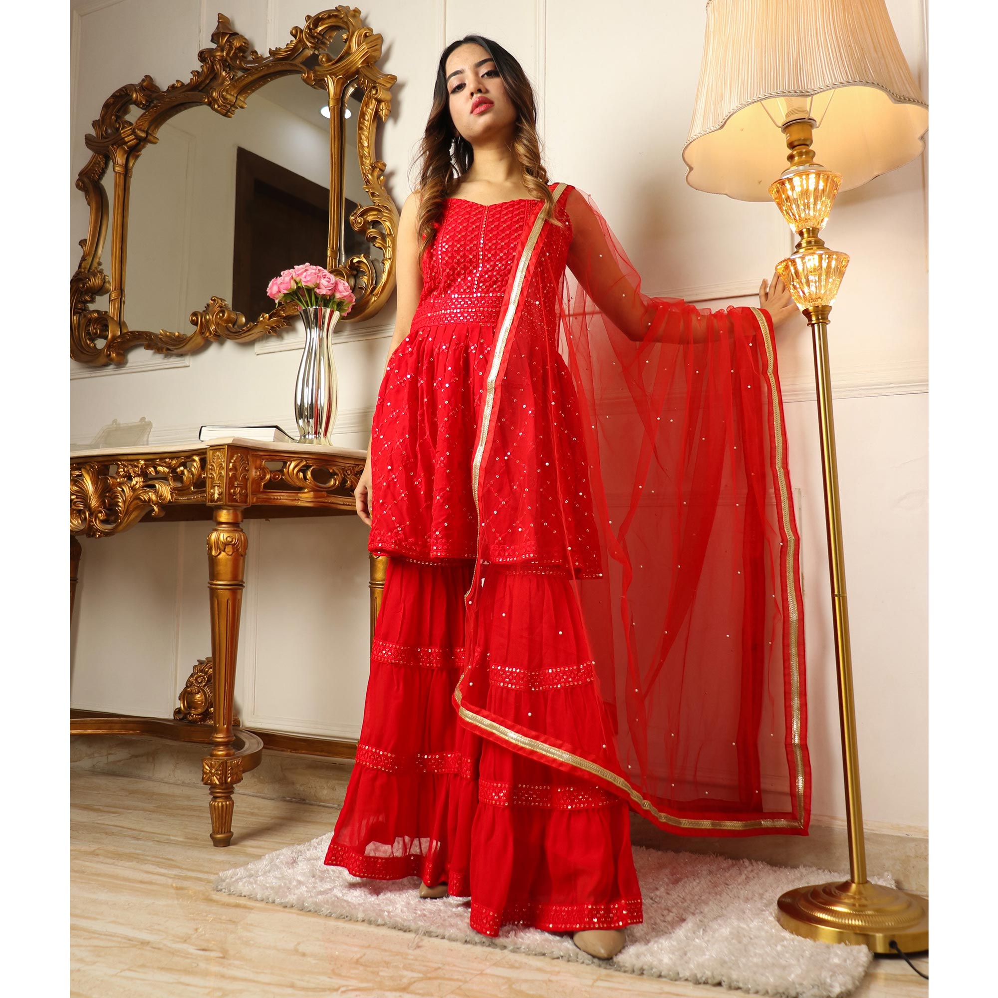 Red Sequins Embroidered Georgette Sharara Suit