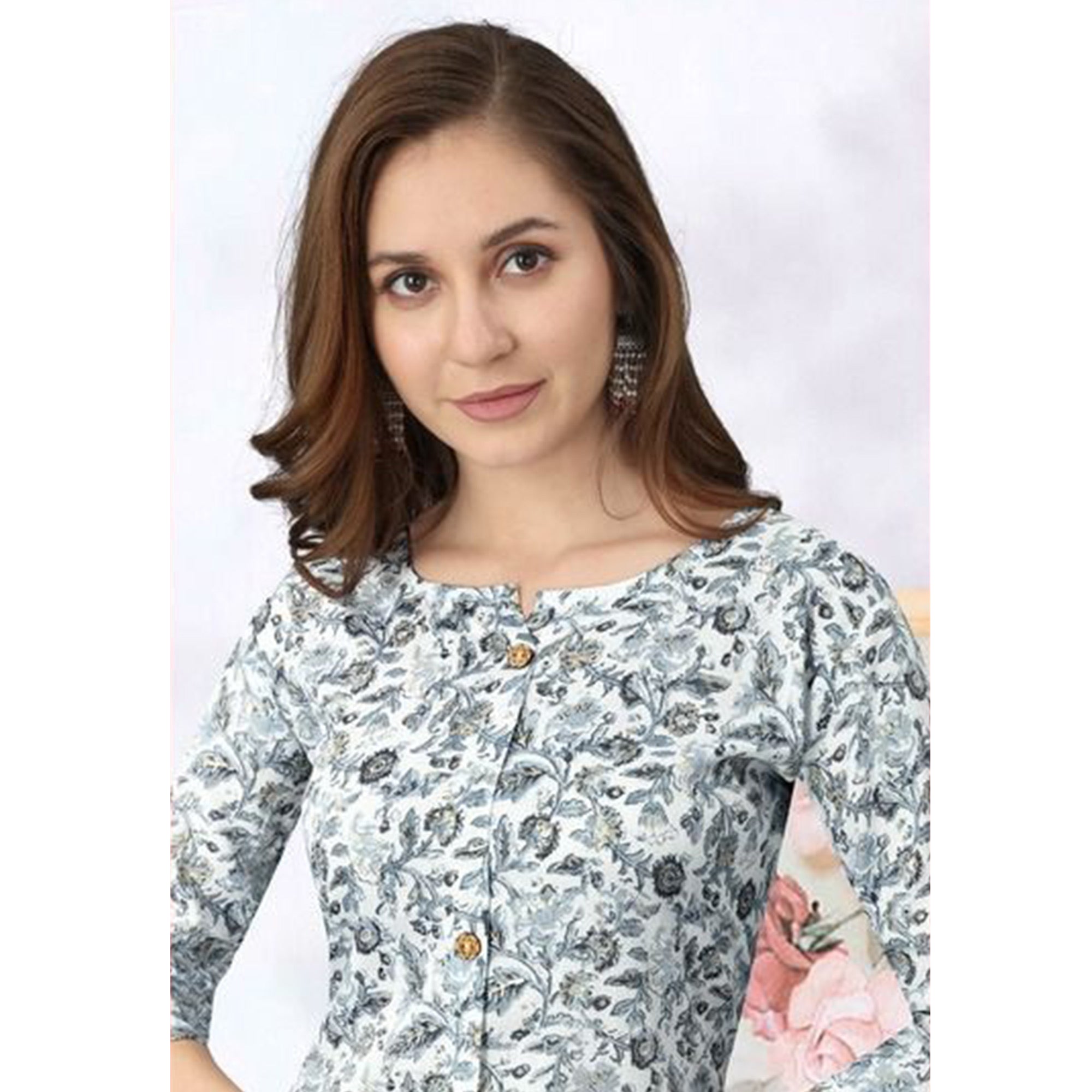 White & Grey Foil Printed Rayon Kurti