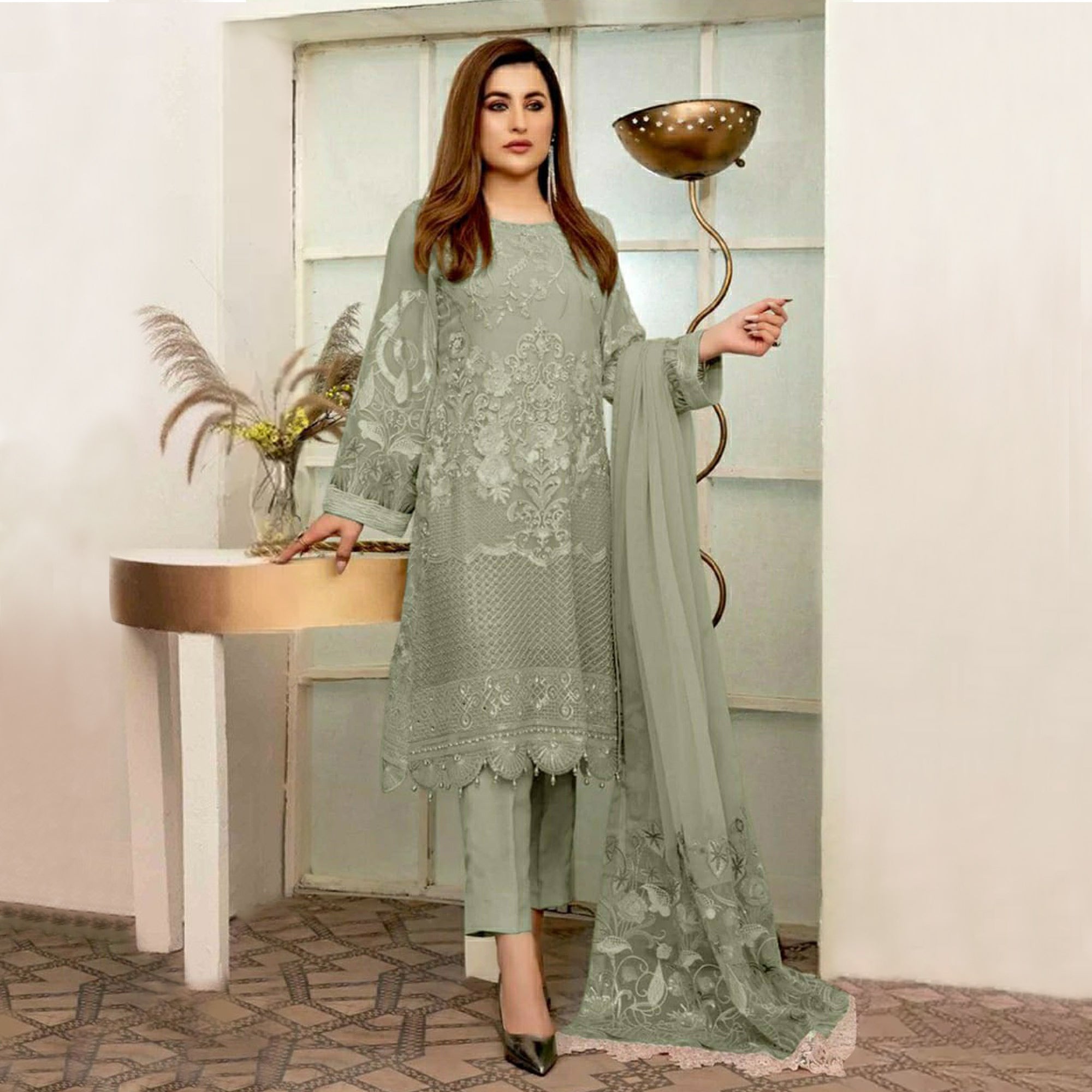 Green Embroidered Georgette Pakistani Suit
