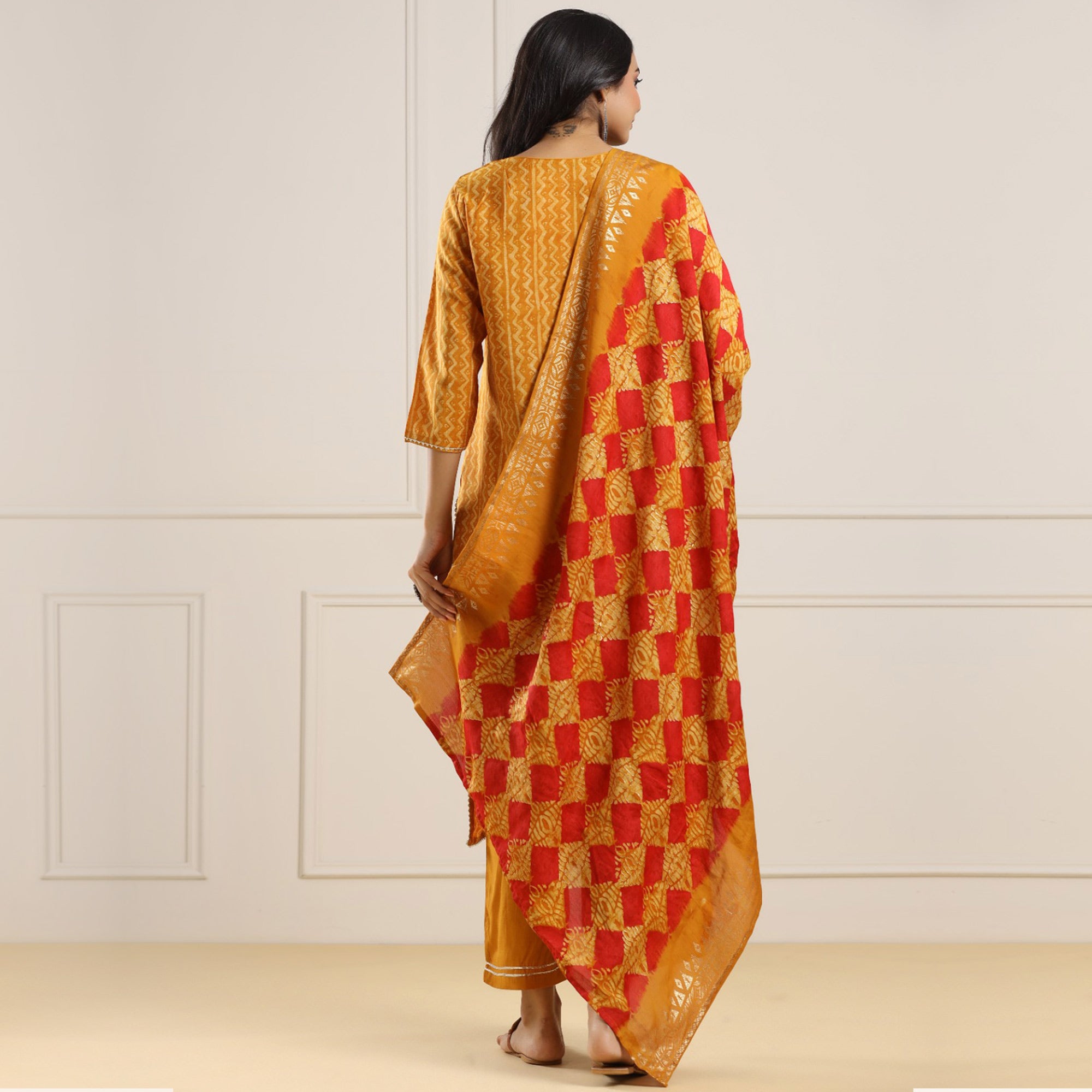 Mustard Printed With Gota Work Chanderi Salwar Suit