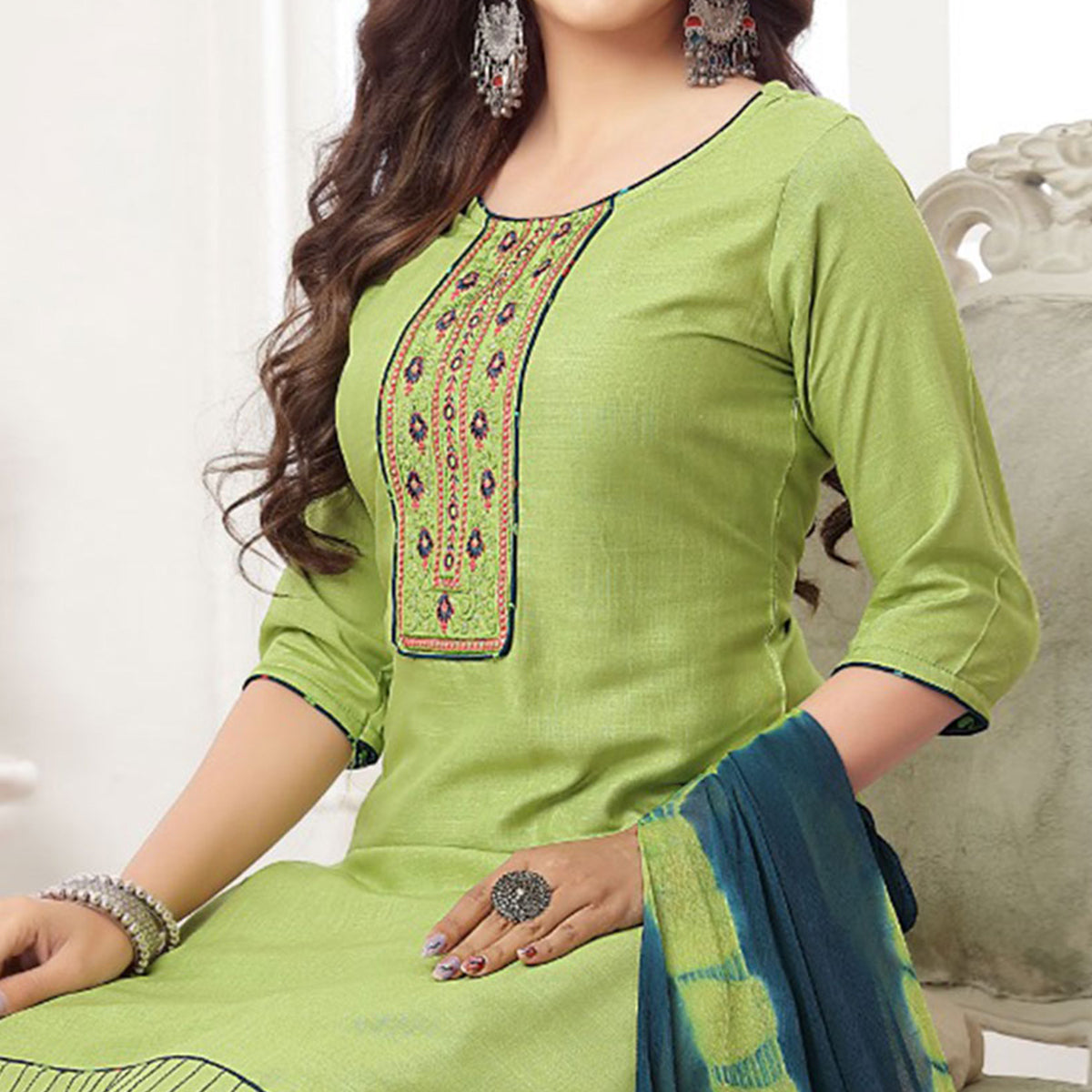 Pista Green Embroidered Rayon Patiala Suit