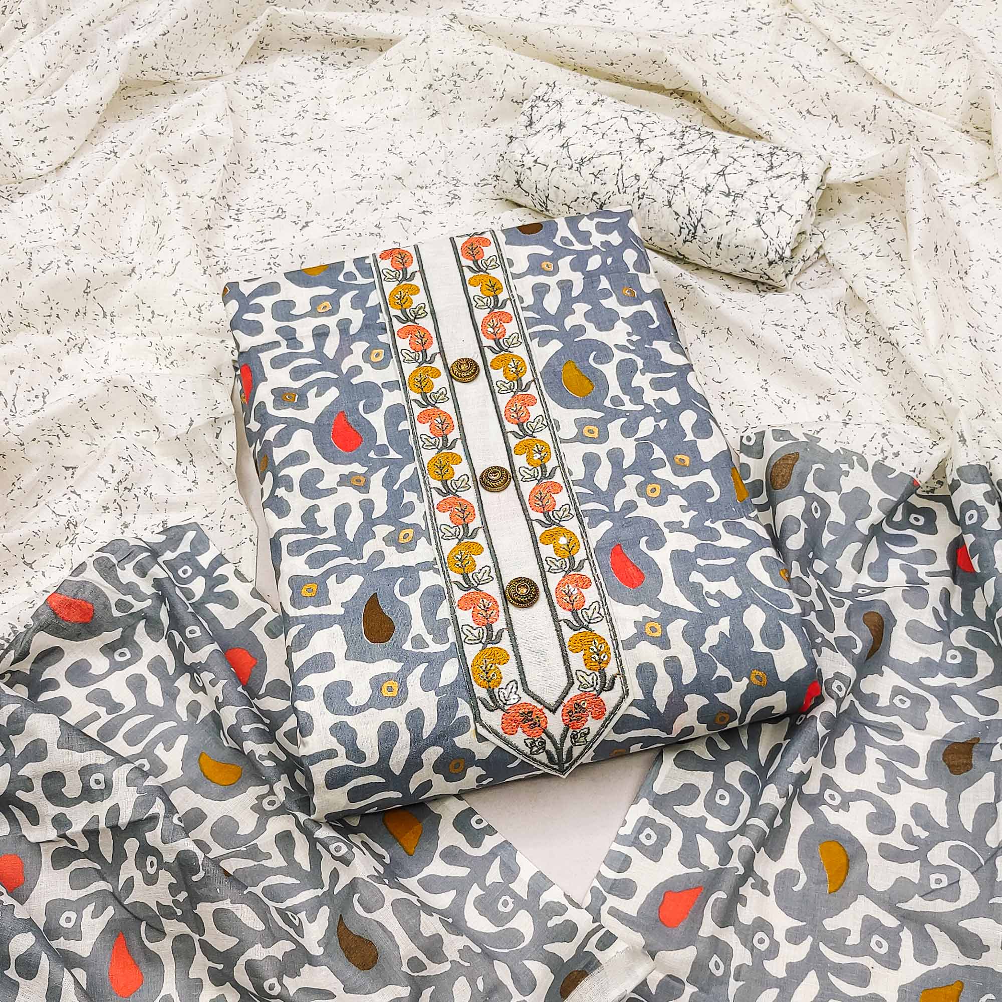 Grey Printed Cotton Dress Material